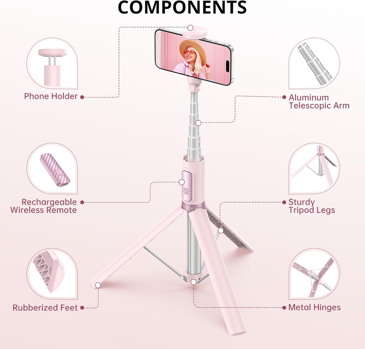 ATUMTEK 55" Selfie Stick Tripod, All-in-one Extendable Aluminum Phone Tripod with Rechargeable Bluetooth Remote for iPhone and More, Fitting 4.7-7 inch Smartphones, Pink