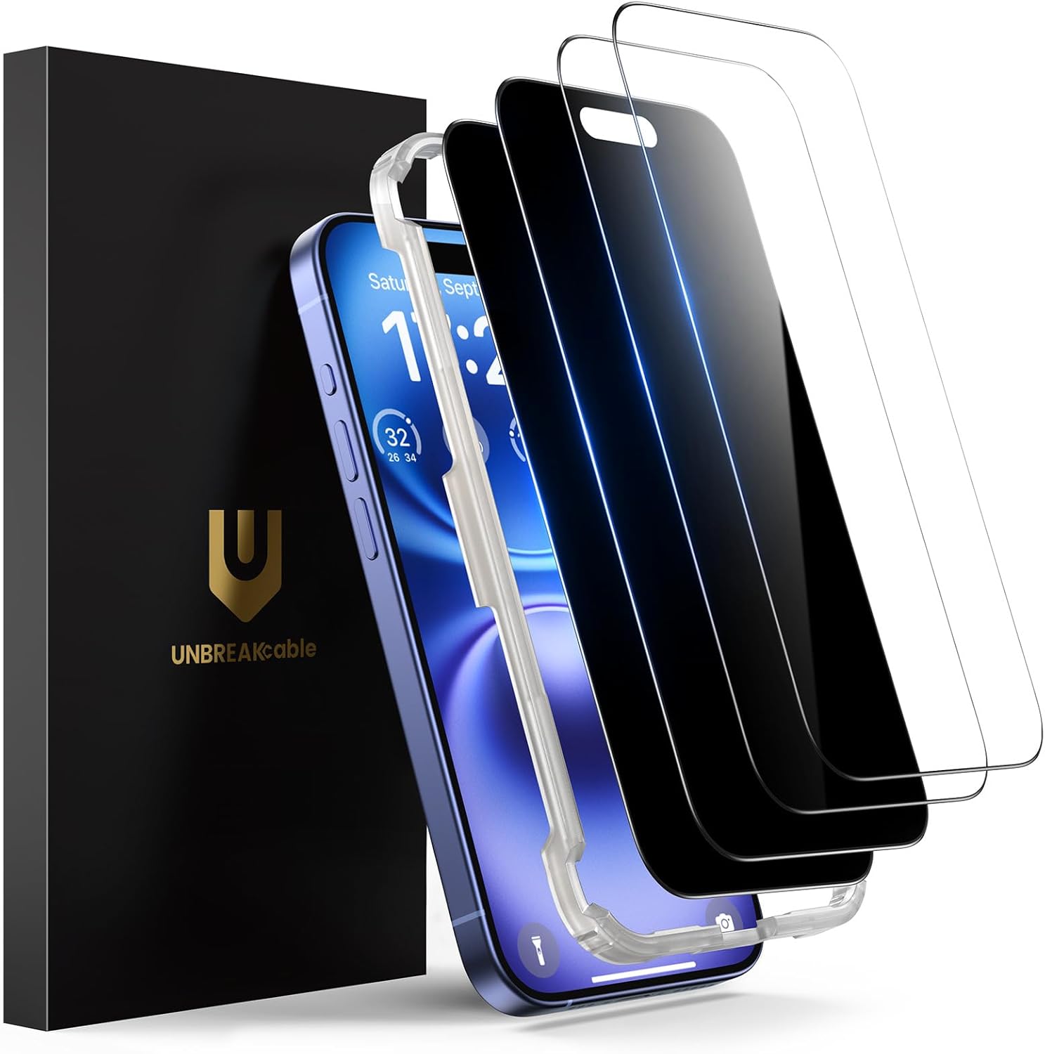 UNBREAKcable 4PCS Screen Protector for iPhone 15-2 Privacy Tempered Glass+2 Clear Glass Double Shatterproof [Easy Installation Frame] [9H Hardness] [Case Friendly] Anti-Scratch for iPhone 6.1 inch