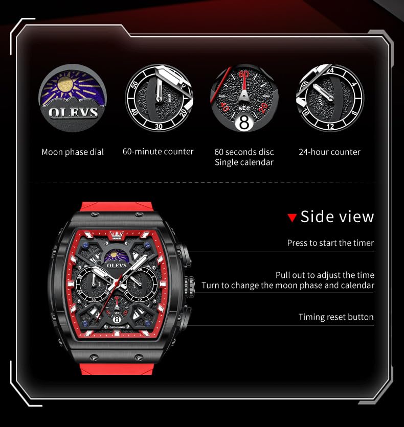 OLEVS Watches Men Chronograph Waterproof Rectangle Face Moon Phase Watches for Men Luminous Quartz Calendar Mens Wrist Watch - Silicon Strap