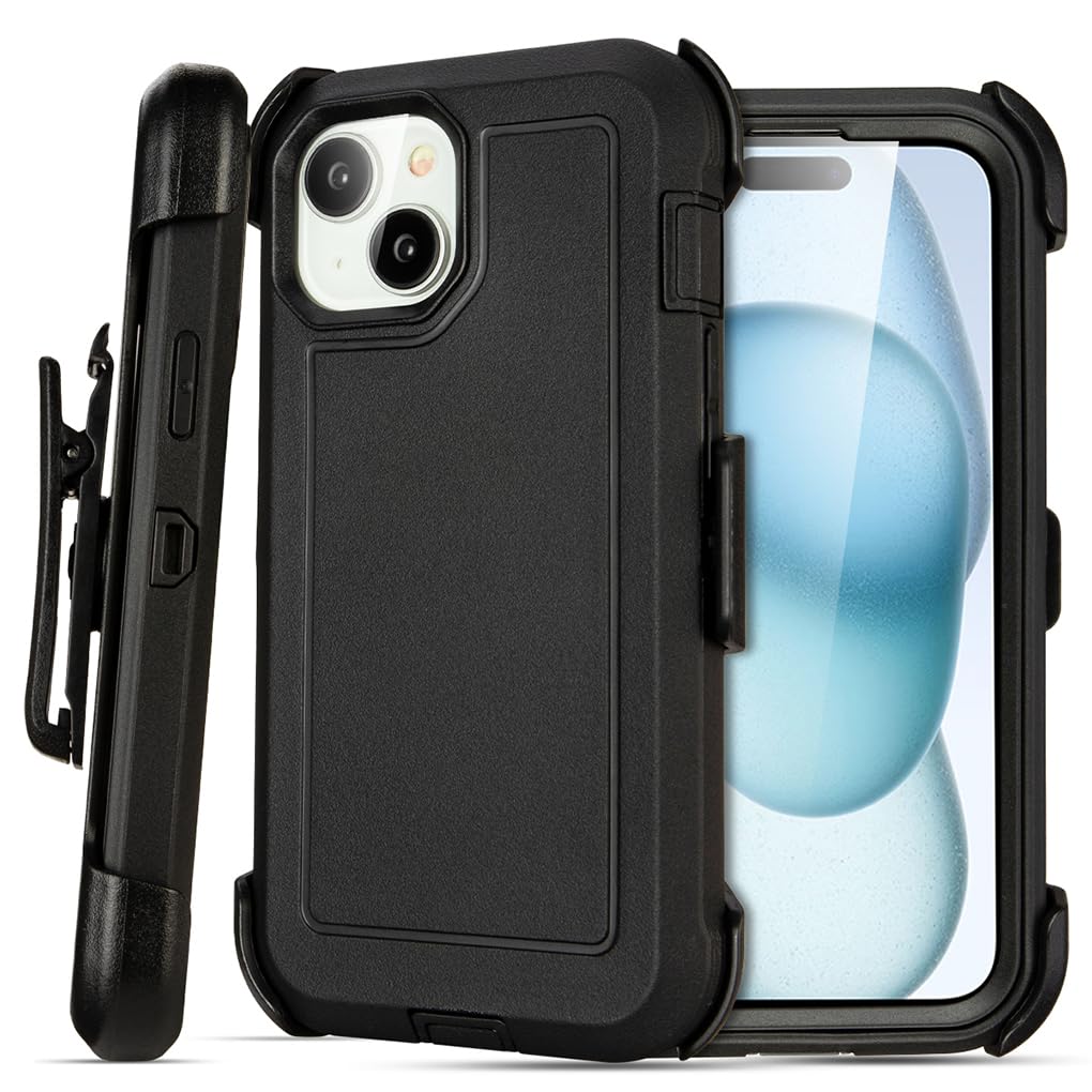 for Black iPhone 15 Case with Belt Clip, Shockproof Heavy Duty Rugged, 3 Layers of Sturdy,Anti-Drop, Military-Grade Defender Cover for iPhone 15 Case Black