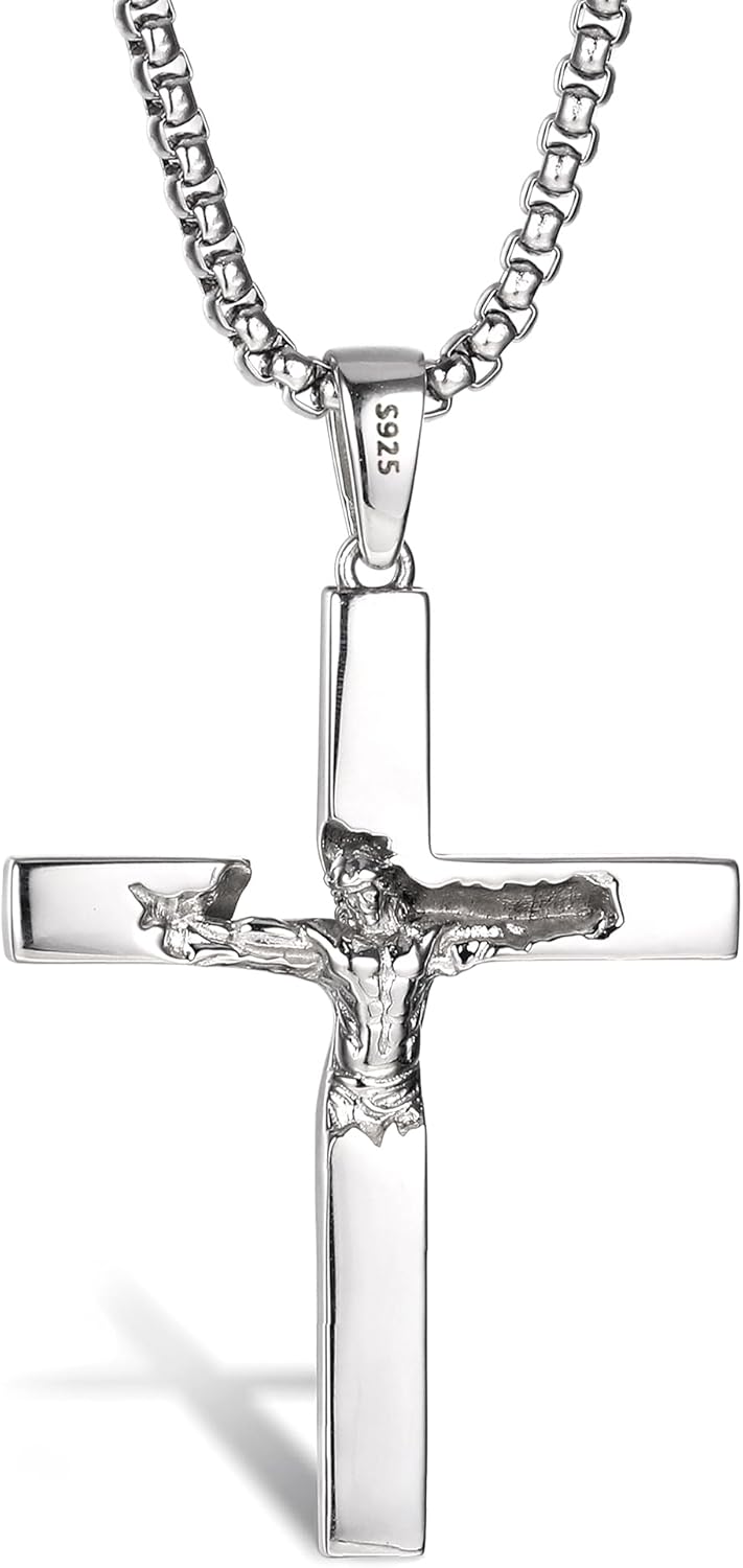 925 Sterling Silver Crucifix Necklace Men - 3D Jesus Relief Cross Savior Pendant with Stainless Steel Box Chain Catholic Crucifix Necklaces Large Christian Jewelry for Women Mens 18-26 inch
