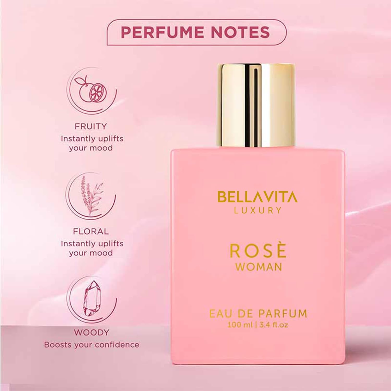 BellaVita Luxury ROSE Perfume for Women (100ml) | Floral, Oriental & Sweet Fragrance | Notes: Amber, Vanilla, Black Currant, Rose, Jasmine | Premium French Floral Fragrance