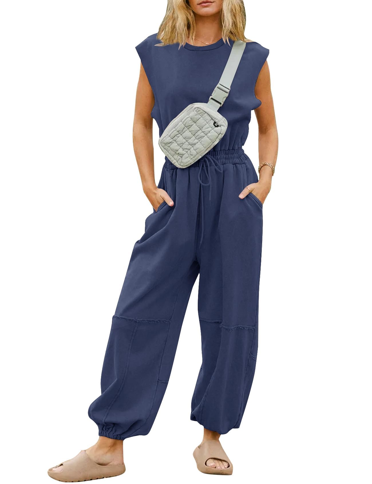 Flygo Womens Casual Jumpsuit Crewneck Cap Sleeve Long Wide Leg Pants One Piece Outfits Drawstring Romper with Pockets(LightGrey-M)