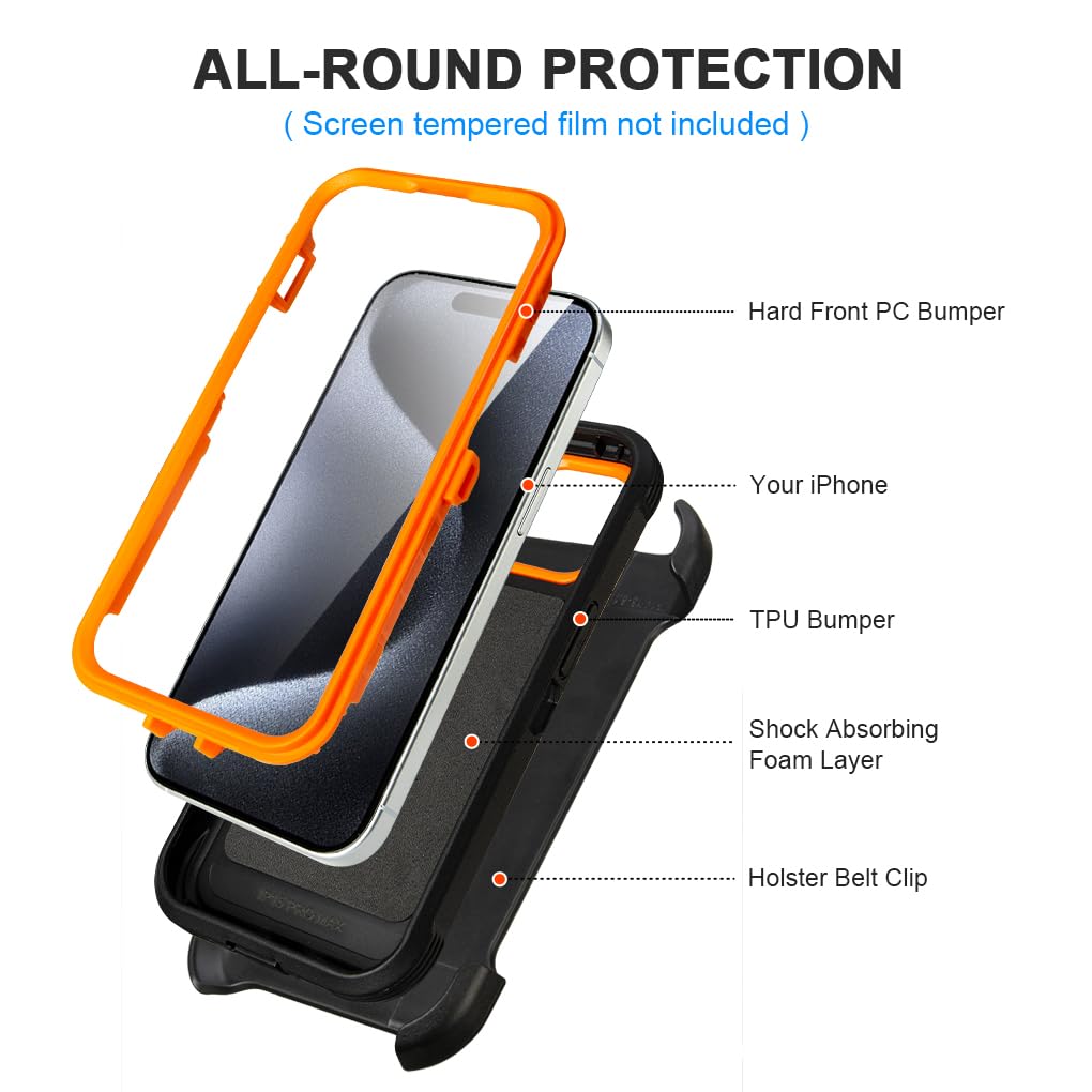 for Black iPhone 16 Pro Case with Belt Clip, for Shockproof iPhone 16 Pro Case Heavy Duty,3 Layers of Sturdy,Anti-Drop,Military-Grade Defender Cover for iPhone 16Pro Case Black