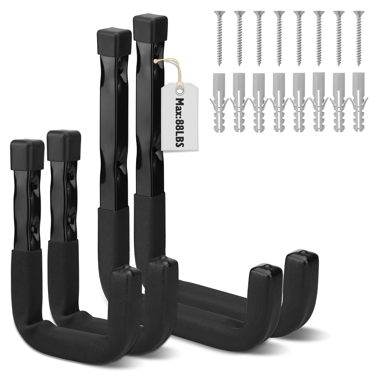 SEDY 6-Piece Heavy Duty Garage Storage Hooks, Wall Mount J Utility Hooks Holds 88 LB, Large Metal Utility, Garage Storage Ladders for Bikes, Garden Tools