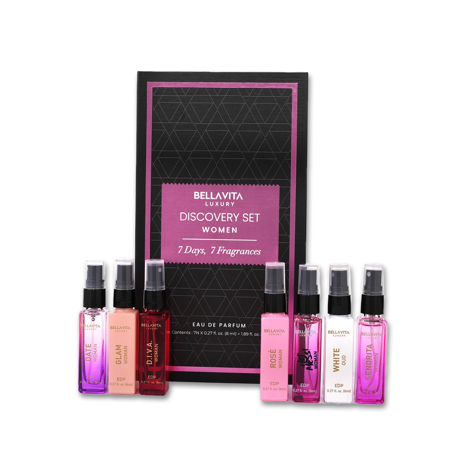 BellaVita Luxury Discovery Set Womens Perfumes (7x8ml) | Mini Perfume Gift Set for Women with Rose, OUD & Pepper Oriented | Compact Long-Lasting Floral Perfumes for Women | Cruelty Free Fragrance