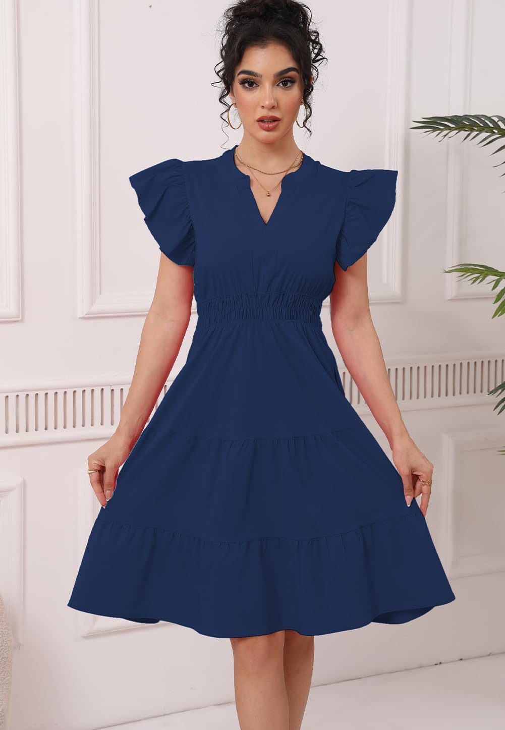 Women's Summer Midi Dresses Casual Ruffle Sleeve V-Neck Flowy Tiered Beach Vacation Party Sundress