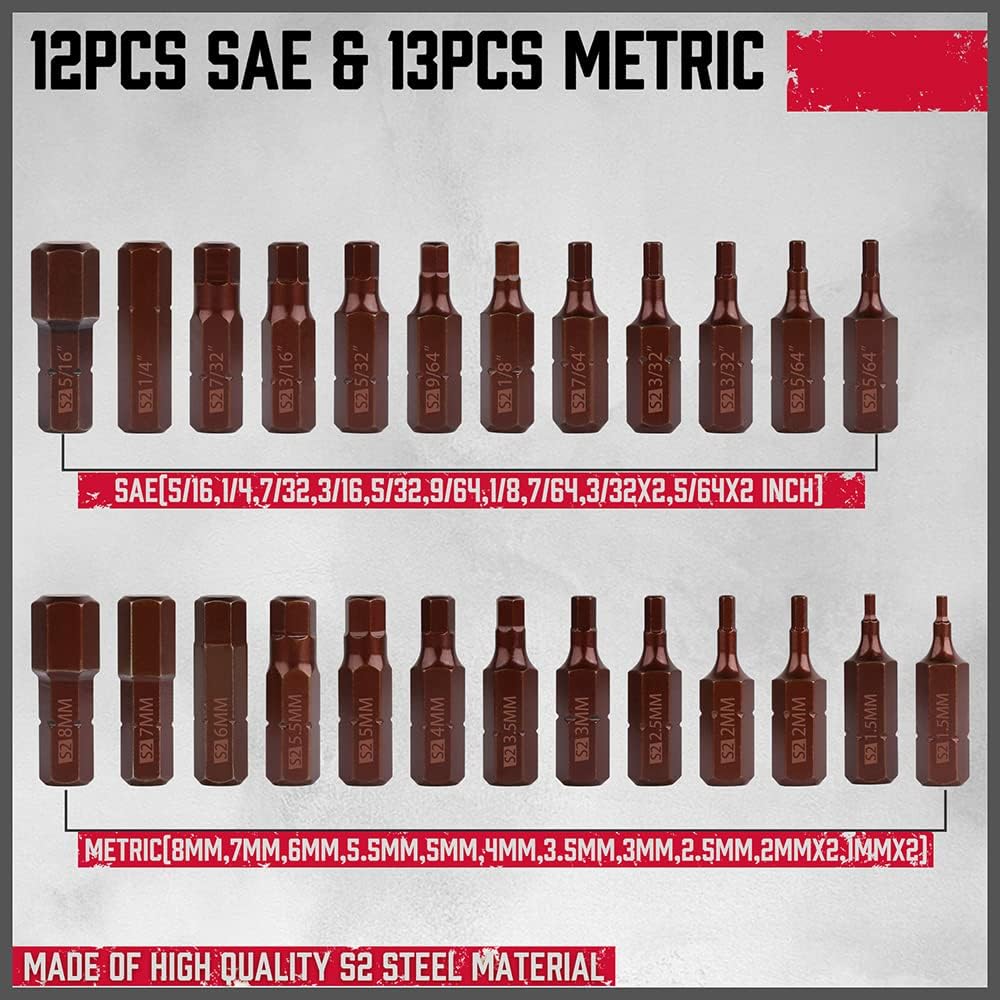 Premium 25-Piece Allen Key Drill Bit Set - Durable Allen Wrench Bits with Strong Magnetic Tips, SAE & Metric Hex Keys