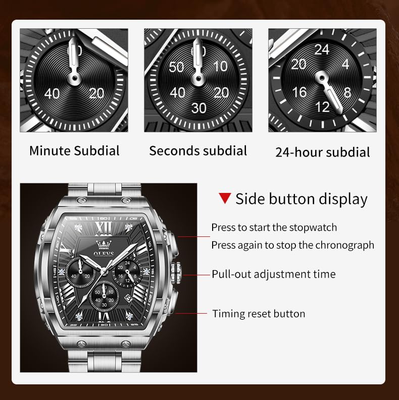 OLEVS Watches Men Chronograph Waterproof Rectangle Face Moon Phase Stainless Steel Strap Dress Watches for Men Luminous Quartz Calendar Mens Wrist Watch