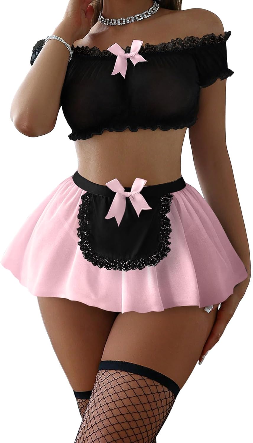 Sexy Stockings Mini Skirt Mesh Sheer Lace Halloween Costume Maid Outfit Lingerie with Thong Set 4 Piece