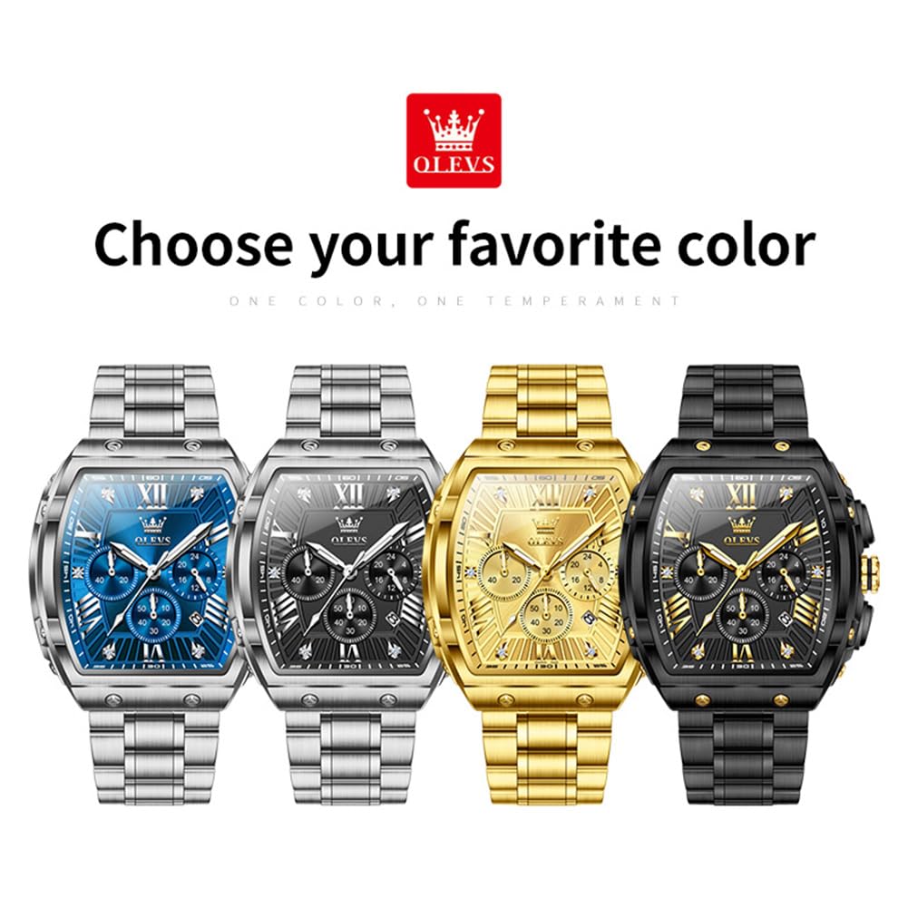 OLEVS Watches Men Chronograph Waterproof Rectangle Face Moon Phase Stainless Steel Strap Dress Watches for Men Luminous Quartz Calendar Mens Wrist Watch