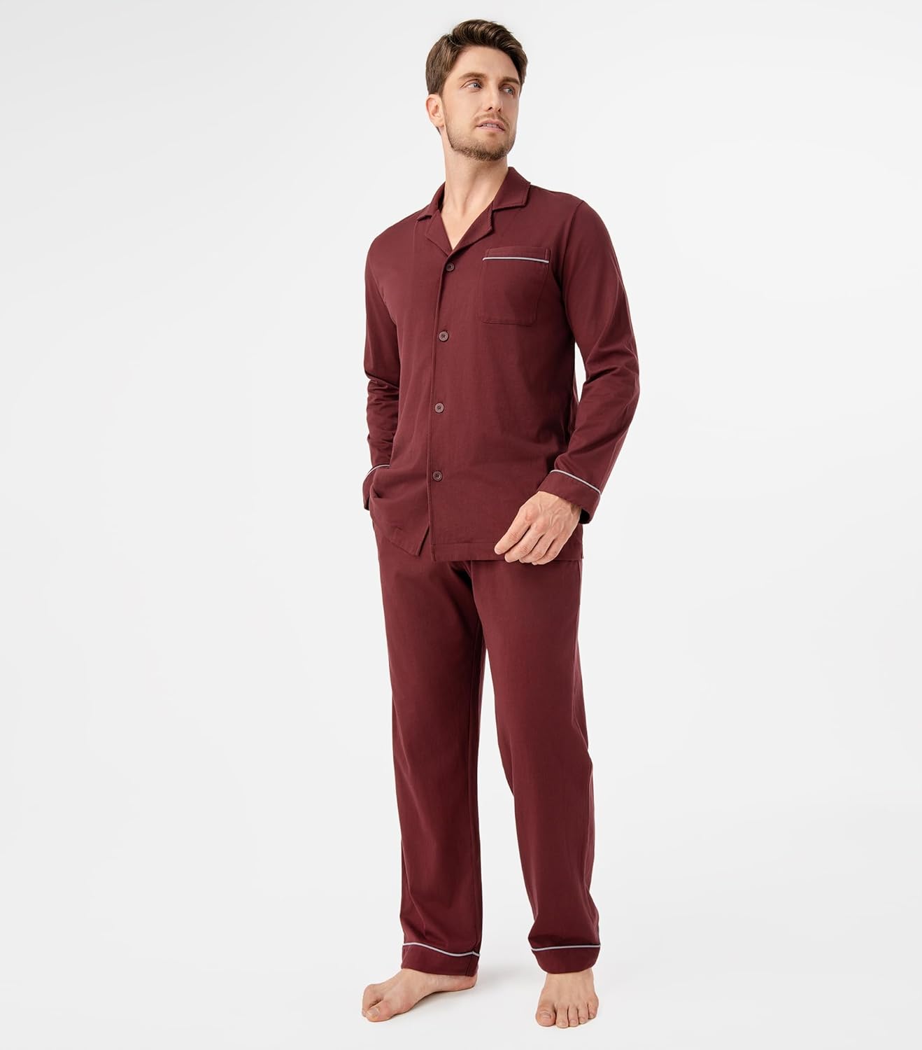DAVID ARCHY Mens Pajamas Set Soft Cotton Notched Collar Pajamas for Men Long Sleeve Mens Sleepwear with Pockets & Front Fly