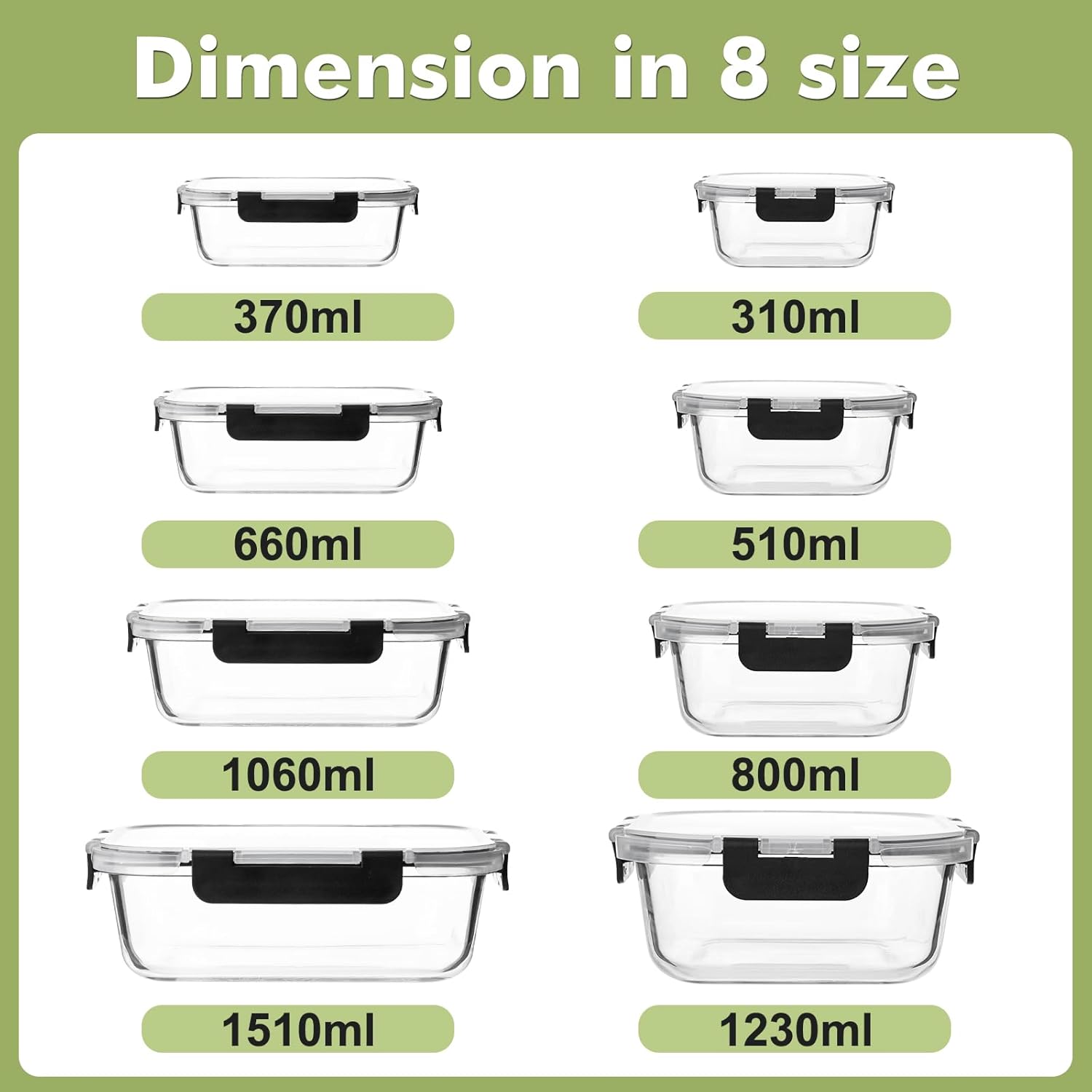 8 Pack Glass Food Storage Containers with Lids, Meal Prep Containers, Airtight Bento Boxes with Leak Proof Locking for Microwave, Oven, Freezer and Dishwasher, BPA Free