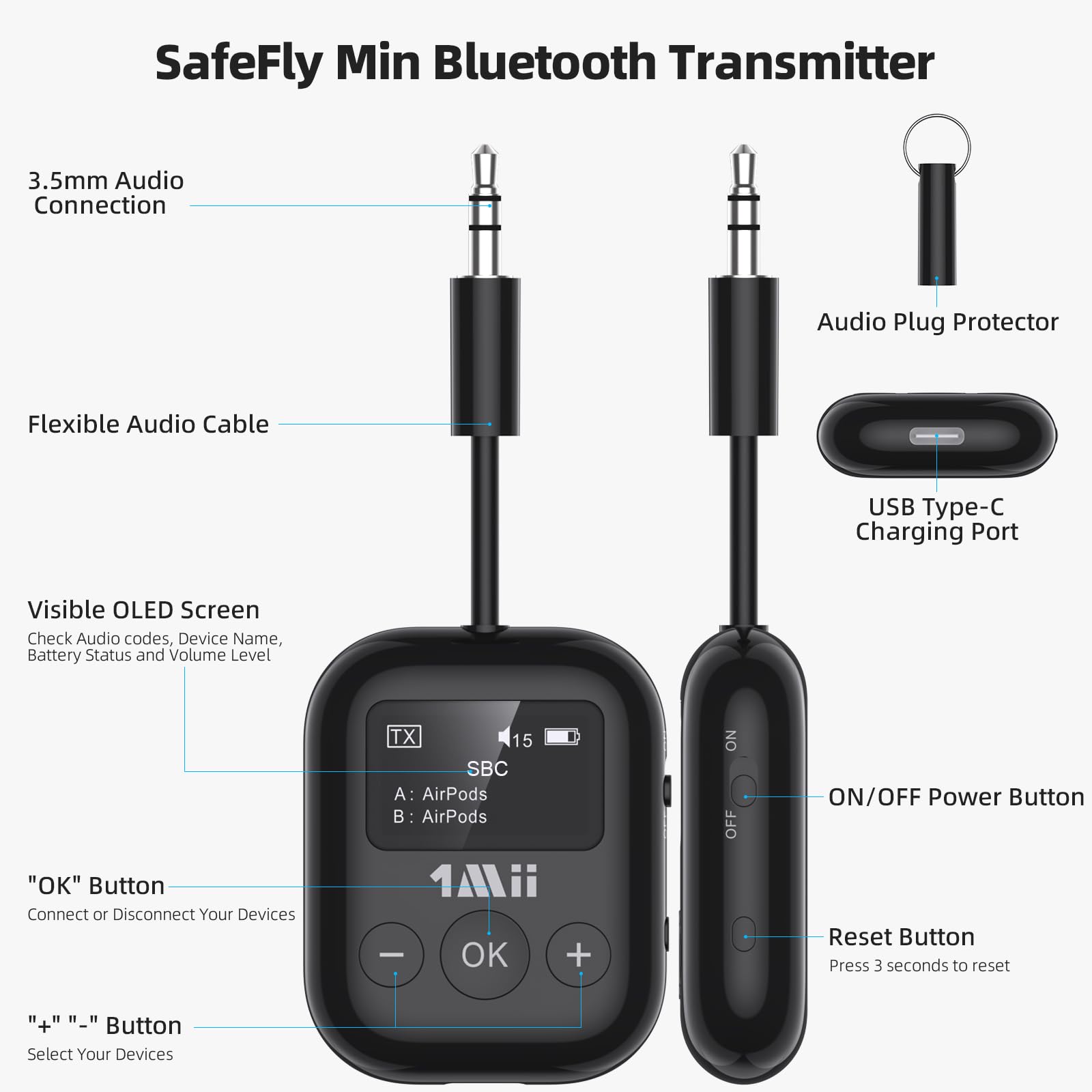 1Mii Bluetooth Transmitter for Airplane, Bluetooth 5.3 Adapter for TV,Airplane Travel Essentials, Aptx Low Latency Wireless Audio Aux for Headphones, Any 3.5mm Jack,Linking 2 Devices (White)