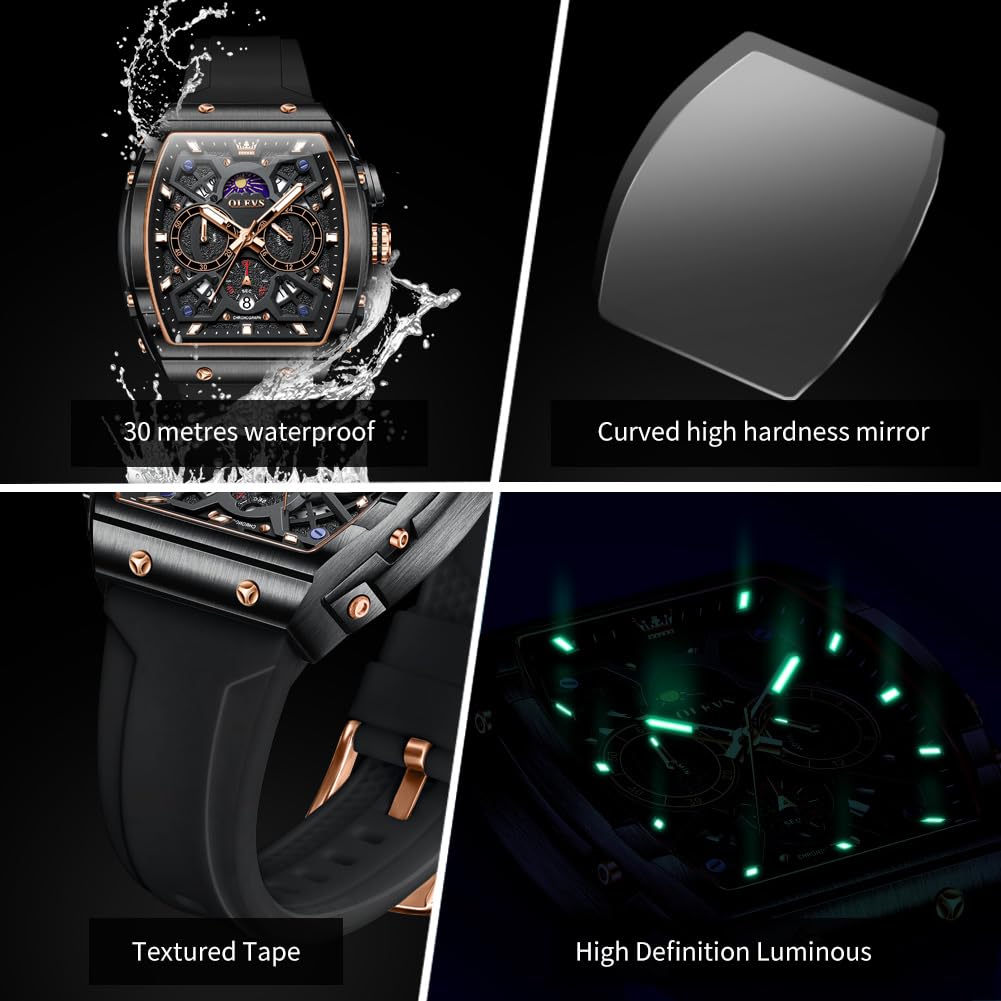 OLEVS Watches Men Chronograph Waterproof Rectangle Face Moon Phase Watches for Men Luminous Quartz Calendar Mens Wrist Watch - Silicon Strap