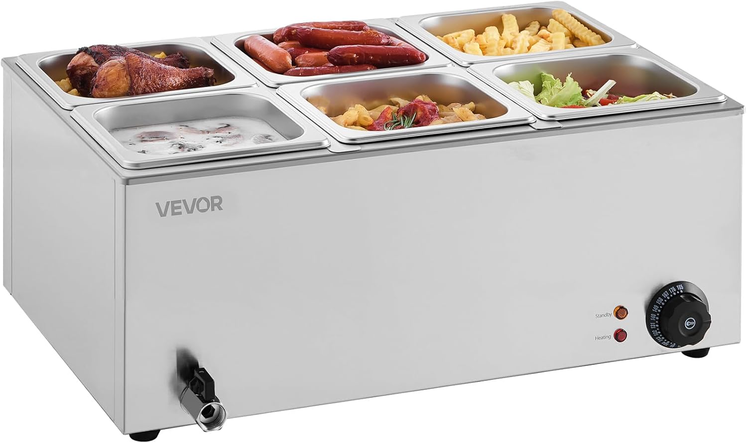VEVOR Commercial Food Warmer, 1500W Electric Stainless Steel Steam Food Warmer with Lid, 6-Pan Fast Heating Countertop Buffet Bain Marie with Soup & Perforated Ladles, for Catering, Restaurant, Party
