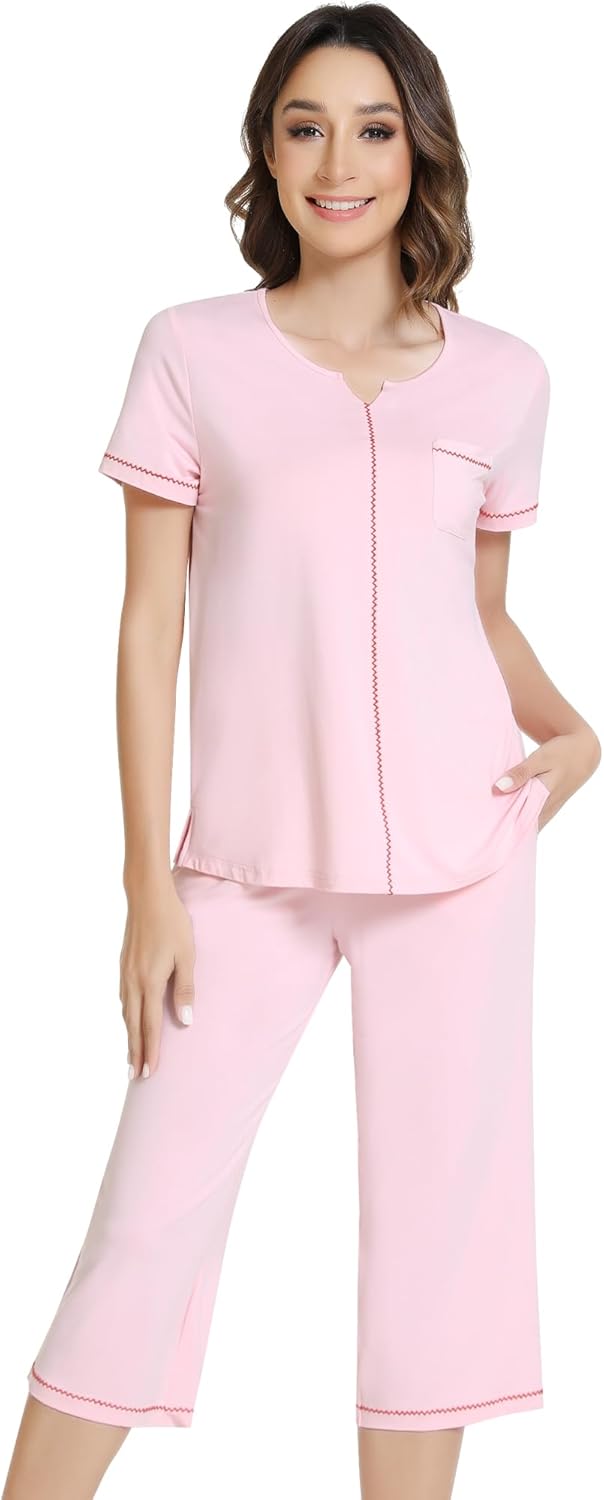 NACHILA Women’s Pajamas-Viscose Made from Bamboo, Short Sleeve Pjs Top with Capri Pajama Sets for Women Cool V Neck Sleepwear
