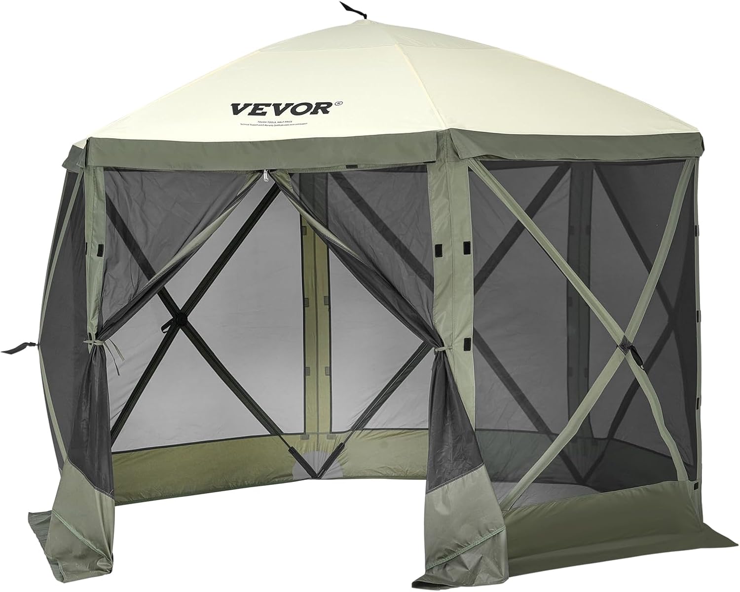 VEVOR 12 * 12ft 6 Sided Pop-up Canopy Shelter Tent with Mesh Windows, Portable Carry Bag, Stakes, Large Shade Tents for Outdoor Camping, Lawn and Backyard, Brown/Beige