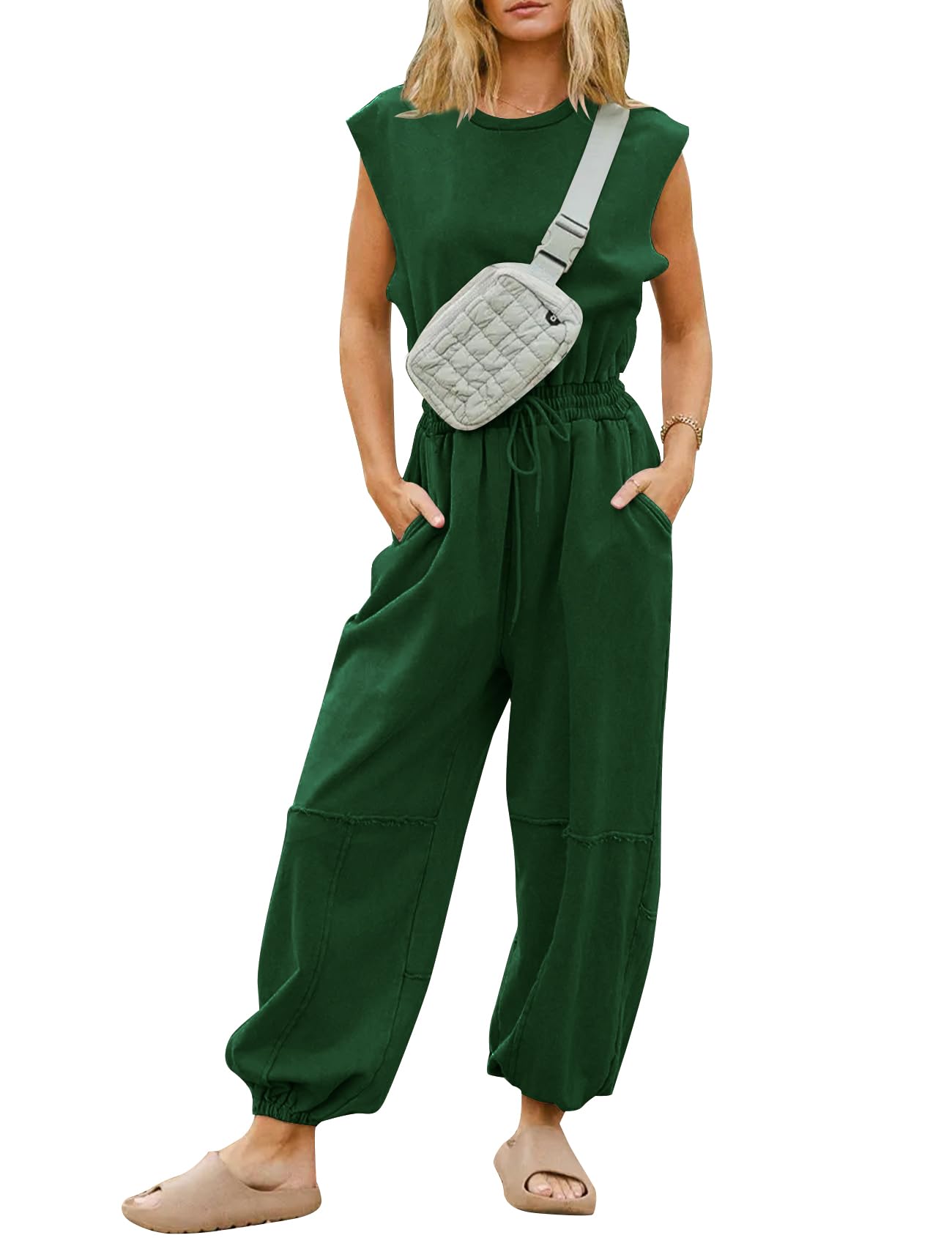 Flygo Womens Casual Jumpsuit Crewneck Cap Sleeve Long Wide Leg Pants One Piece Outfits Drawstring Romper with Pockets(LightGrey-M)