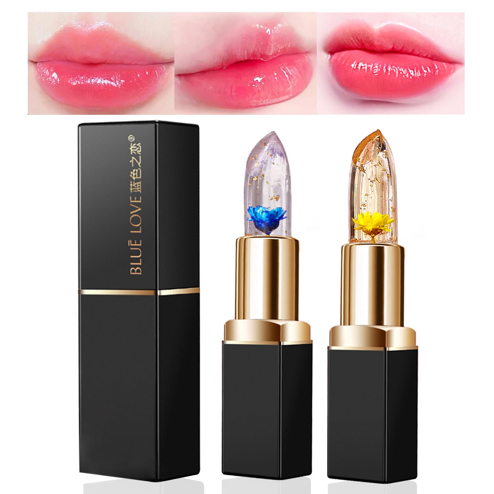 BLUE LOVE Color Changing Flower Lipstick - Hydrating Jelly Lip Balm with Flower, Long-Lasting Moisturizer & Nourishing Lip Gloss (Blue&Gold, 2 Count (Pack of 1))