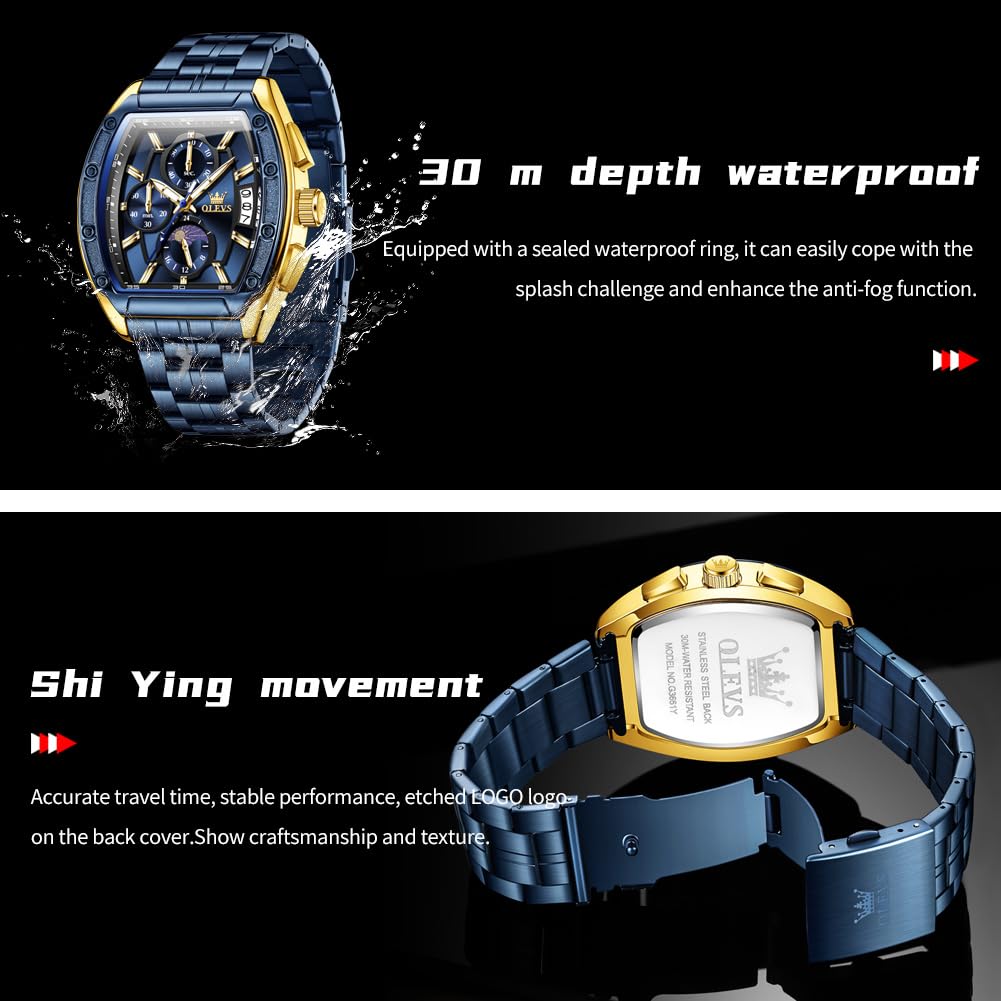 OLEVS Watches Men Chronograph Waterproof Rectangle Face Moon Phase Stainless Steel Strap Dress Watches for Men Luminous Quartz Calendar Mens Wrist Watch