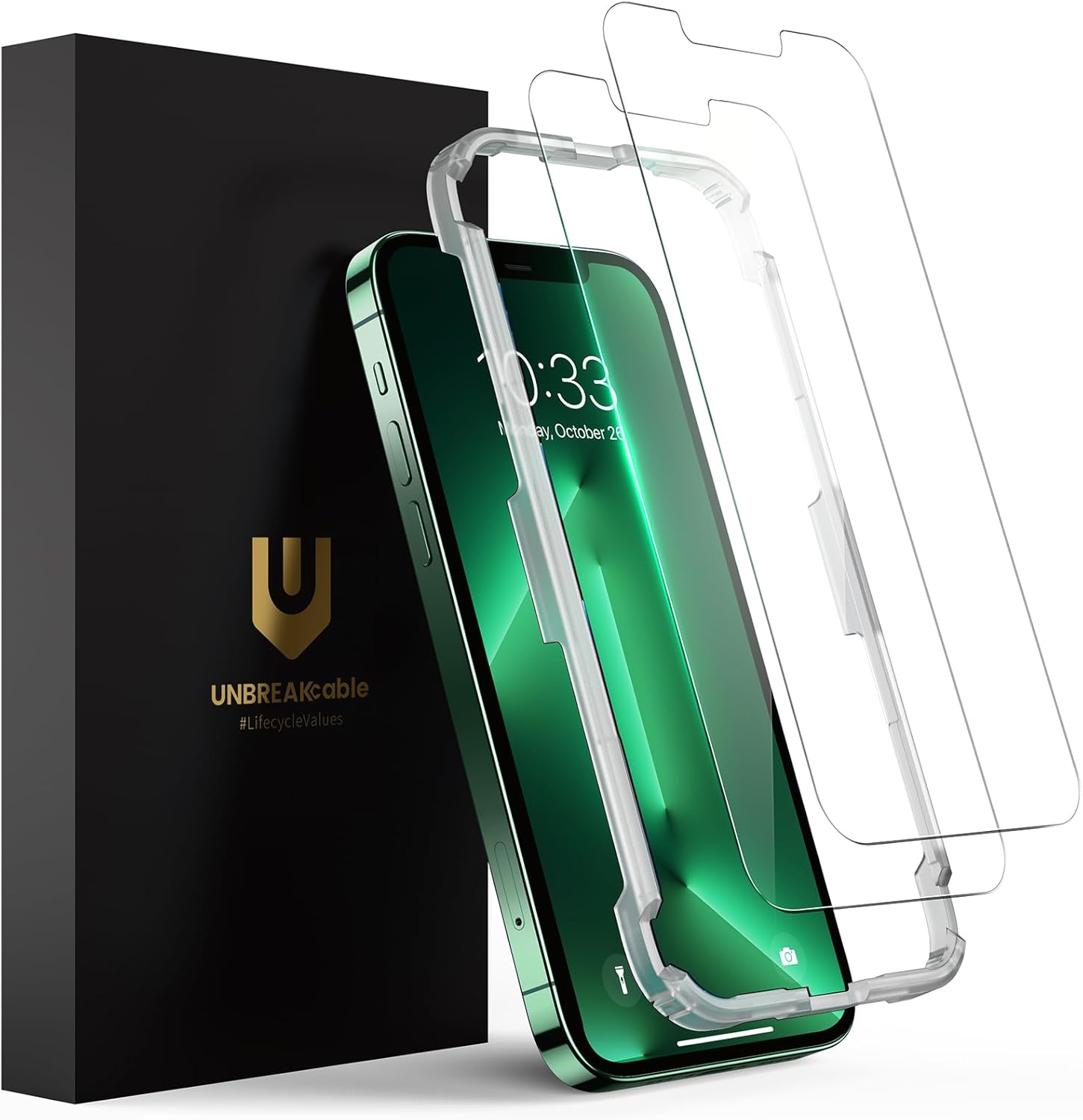 UNBREAKcable 2-Pack Screen Protector for iPhone 14/13/13 Pro Double Shatterproof Tempered Glass [Easy Installation Frame] [9H Hardness] [99.99% HD] [Bubble Free] for Apple 13 Pro/13/14 6.1 inch