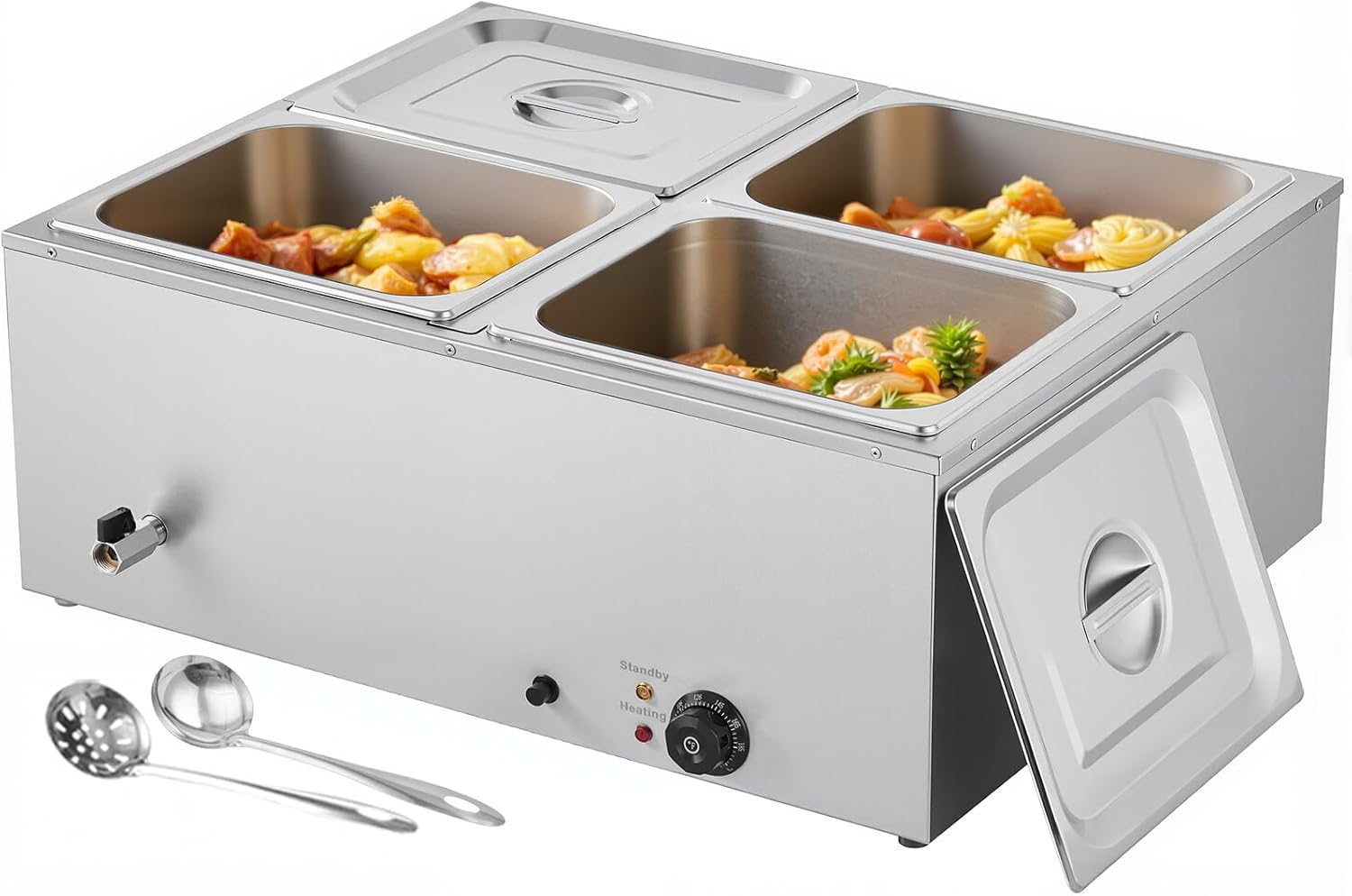 VEVOR Commercial Food Warmer, 1500W Electric Stainless Steel Steam Food Warmer with Lid, 6-Pan Fast Heating Countertop Buffet Bain Marie with Soup & Perforated Ladles, for Catering, Restaurant, Party