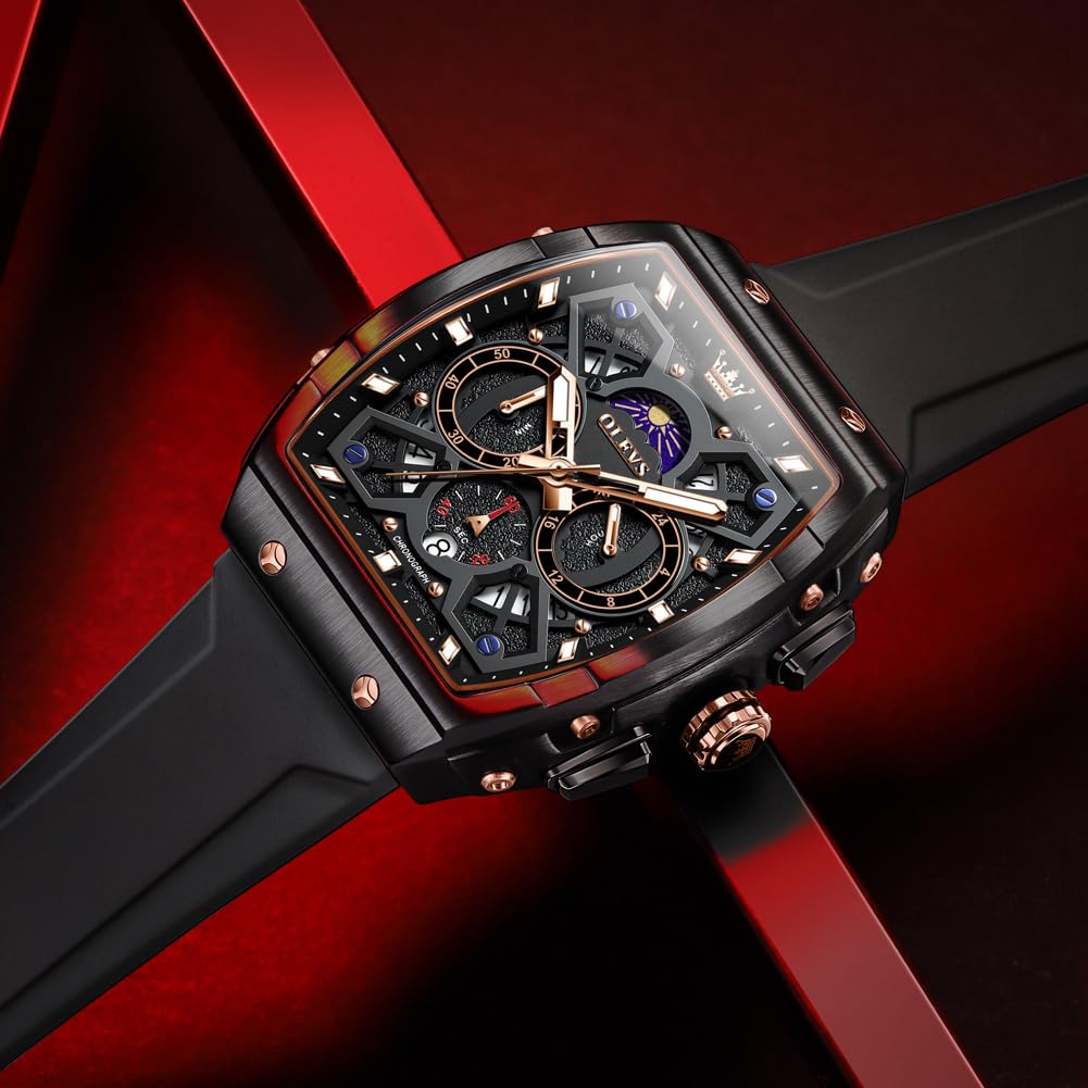 OLEVS Watches Men Chronograph Waterproof Rectangle Face Moon Phase Watches for Men Luminous Quartz Calendar Mens Wrist Watch - Silicon Strap