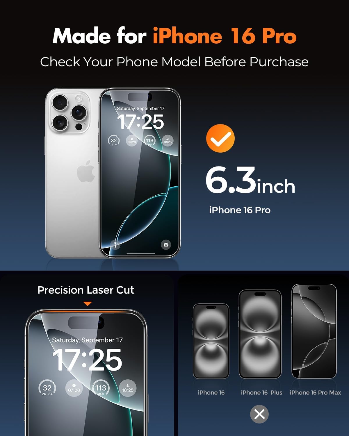 UNBREAKcable for iPhone 16 Pro Screen Protector 4+2 Pack [9H+ Military-Grade Shatterproof] [Effortless Bubble-Free Installation] Ultra HD Clarity Tempered Glass with Lens Protector, Case friendly