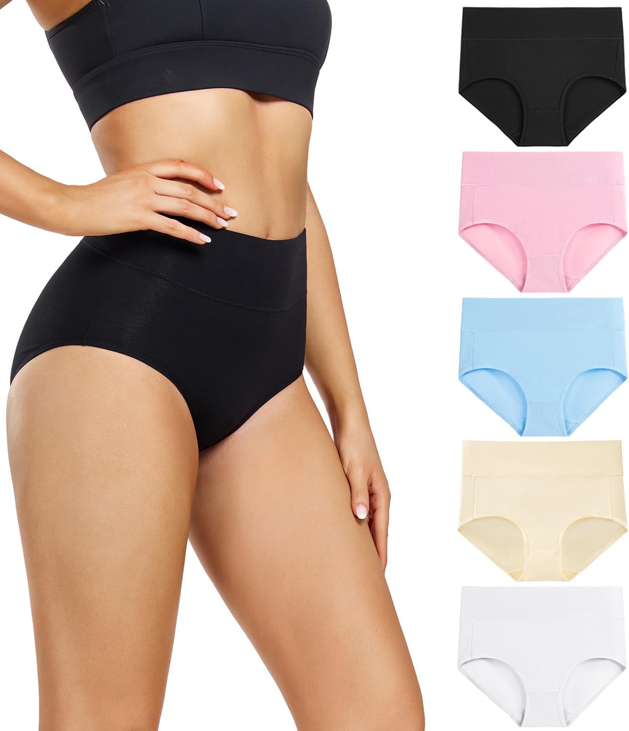 wirarpa Women's Underwear High Waisted Ladies Cotton Panties Soft Full Coverage Briefs 5 Pack (Regular & Plus Size)