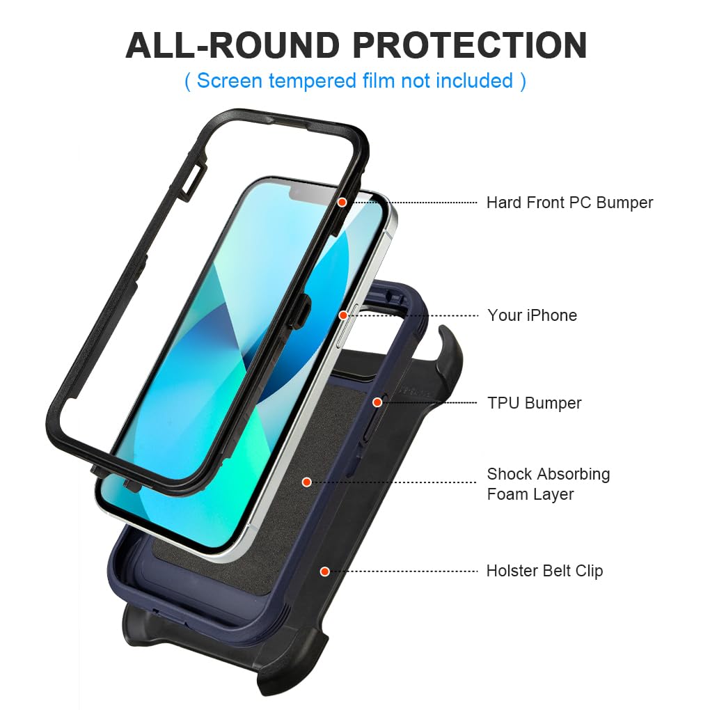 for Black iPhone 15 Case with Belt Clip, Shockproof Heavy Duty Rugged, 3 Layers of Sturdy,Anti-Drop, Military-Grade Defender Cover for iPhone 15 Case Black