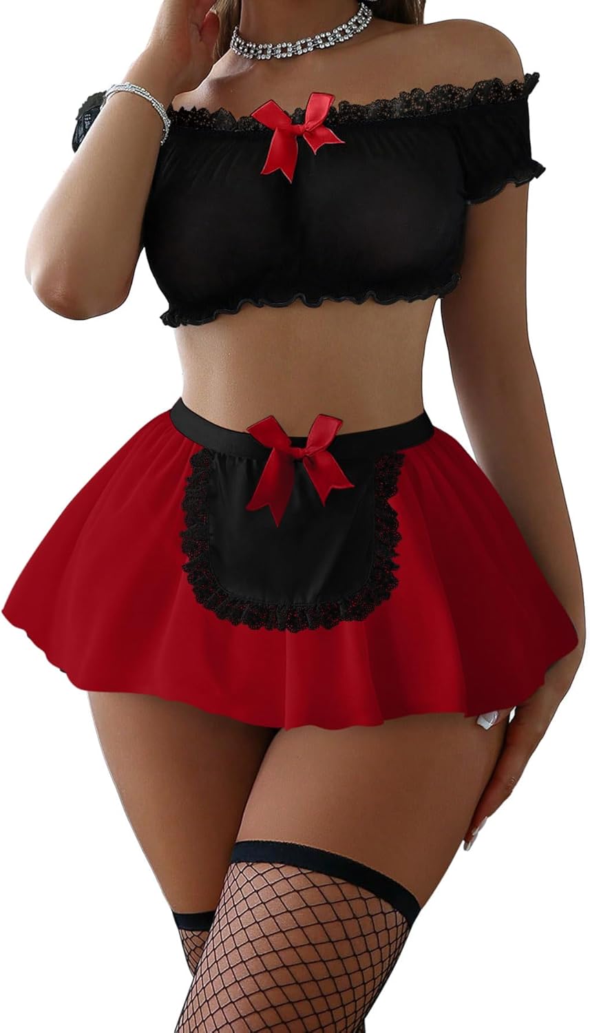 Sexy Stockings Mini Skirt Mesh Sheer Lace Halloween Costume Maid Outfit Lingerie with Thong Set 4 Piece
