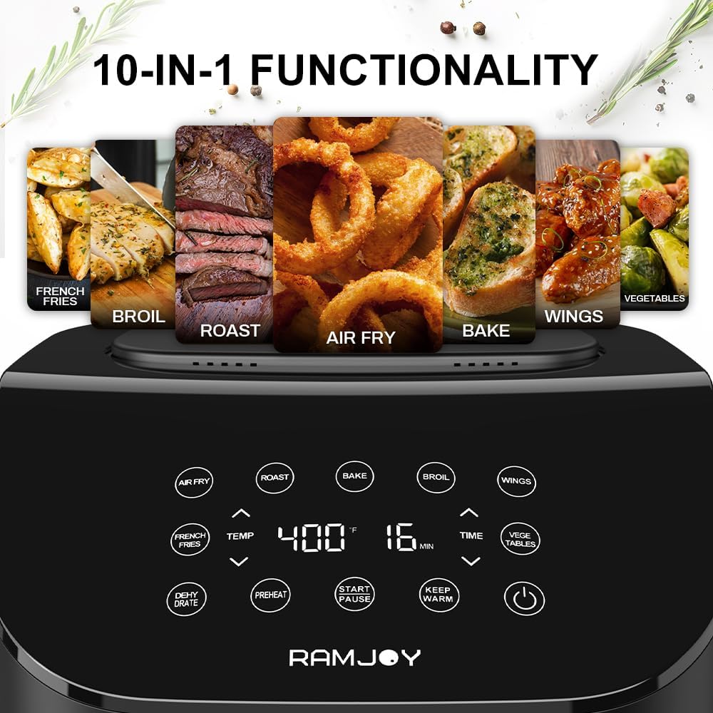 Air Fryer 6.8 Quarts, 10-in-1 Functions, Air Fry, Roast, Bake, Broil, Dehydrate, Large & Compact Air Fryers, Nonstick & Dishwasher-Safe Airfryer Basket, Stainless Steel Air Fryer, Easy to Use
