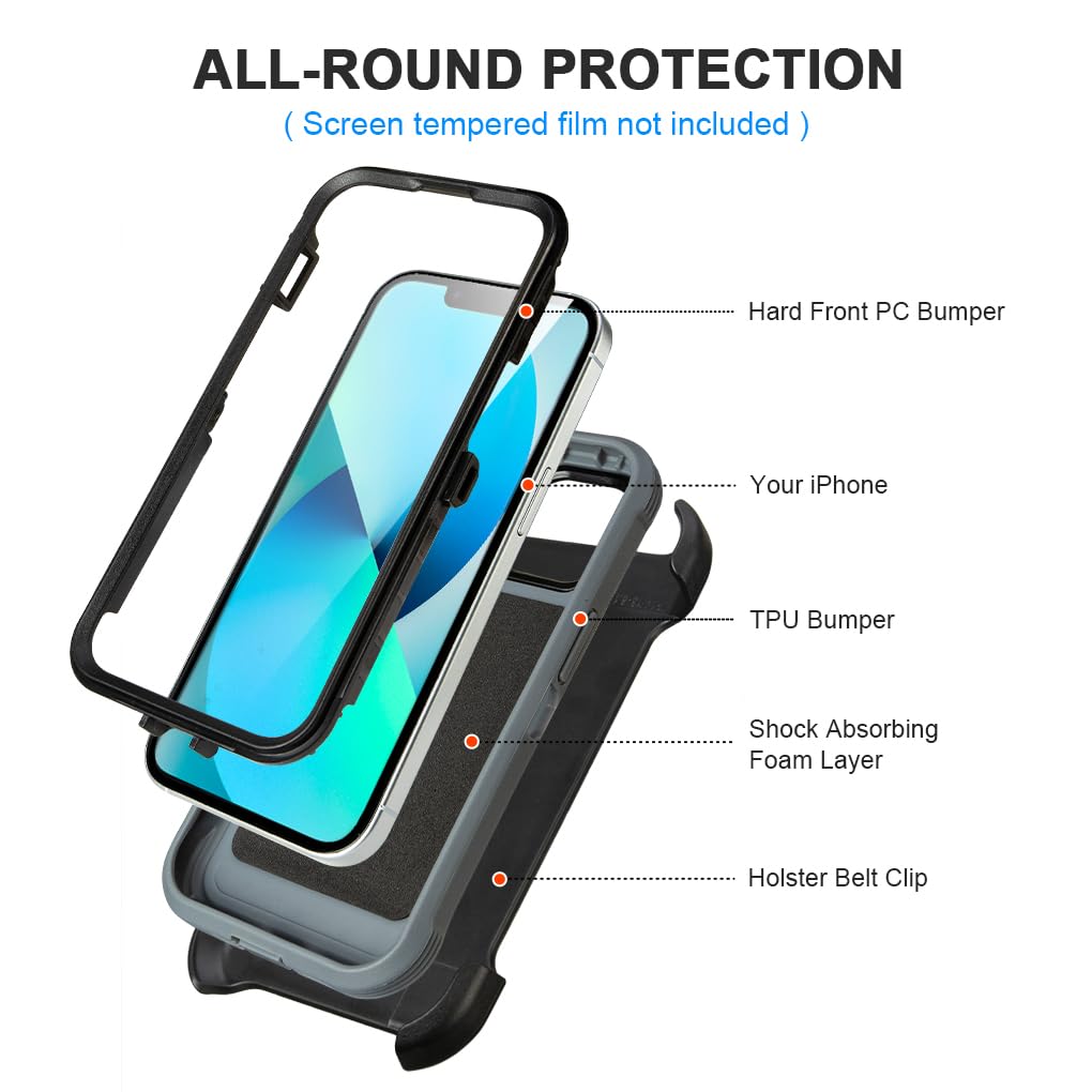 for Black iPhone 15 Case with Belt Clip, Shockproof Heavy Duty Rugged, 3 Layers of Sturdy,Anti-Drop, Military-Grade Defender Cover for iPhone 15 Case Black