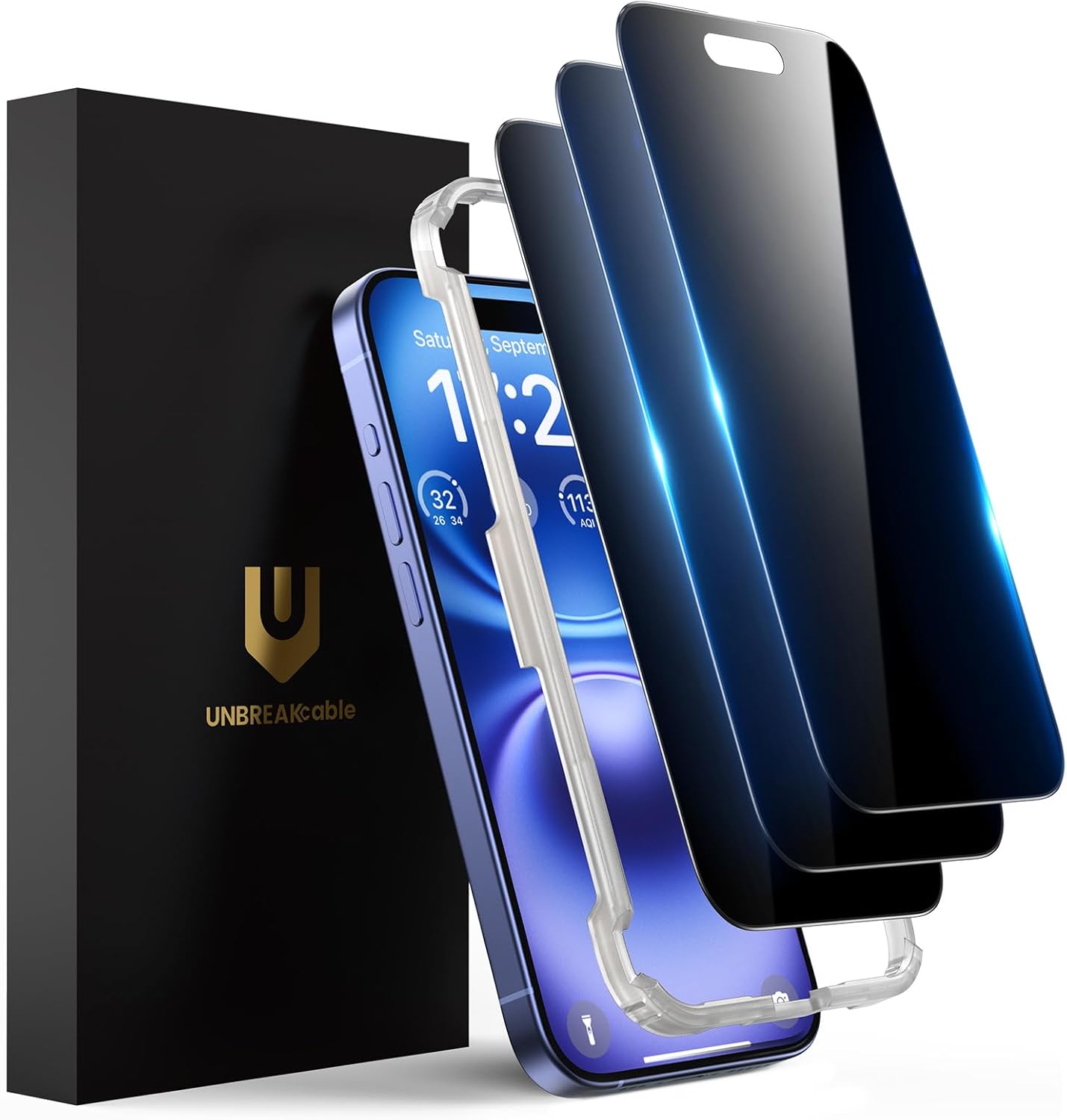 UNBREAKcable Privacy Screen Protector for iPhone 16 Pro, [3 Pack] Shatterproof Tempered Glass [25°Anti-spy][Easy Installation Frame][99.99% HD Clear][9H Hardness] [Anti-Fingerprint] for iPhone 6.3"