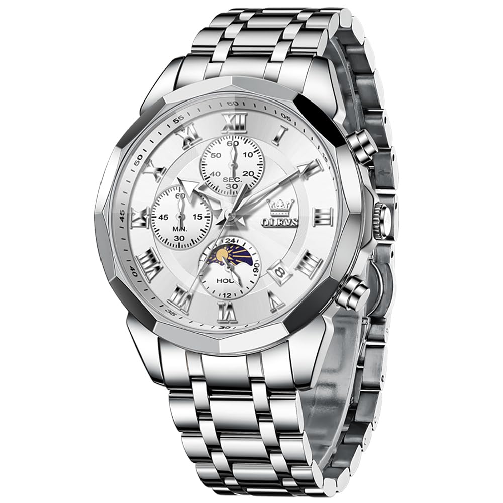 OLEVS Watches Men Luxury Chronograph Moon Phase Waterproof Luminous Watches for Men Analog Quartz Calendar Stainless Steel Strap Wrist Watches-(Black/Blue/Gold/Grey/Silver Face)