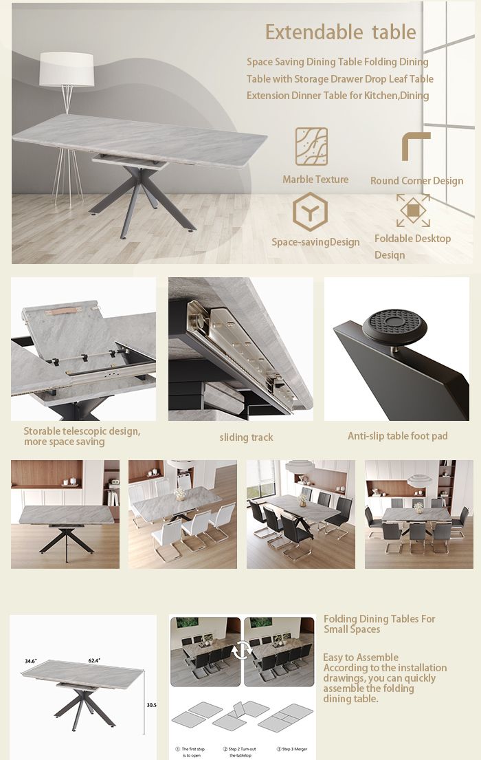 62.4" extendable 78.15" dining Table Set for 6-8 Person for Dining Room,C-shaped Tube Soft padded armless dining chair and Very large Dining Room Table Kitchen Table Chair Set with metal Legs