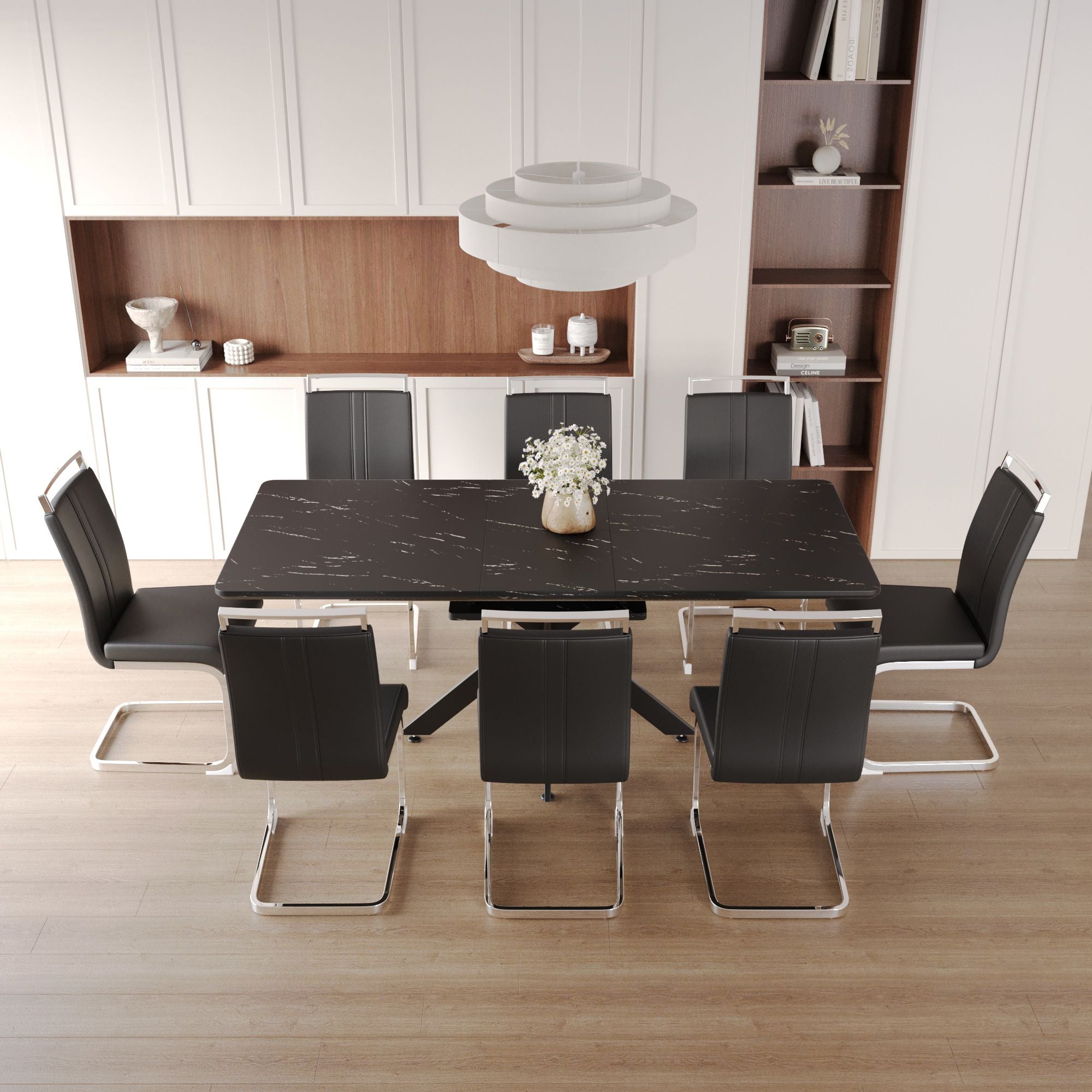 62.4" extendable 78.15" dining Table Set for 6-8 Person for Dining Room,C-shaped Tube Soft padded armless dining chair and Very large Dining Room Table Kitchen Table Chair Set with metal Legs