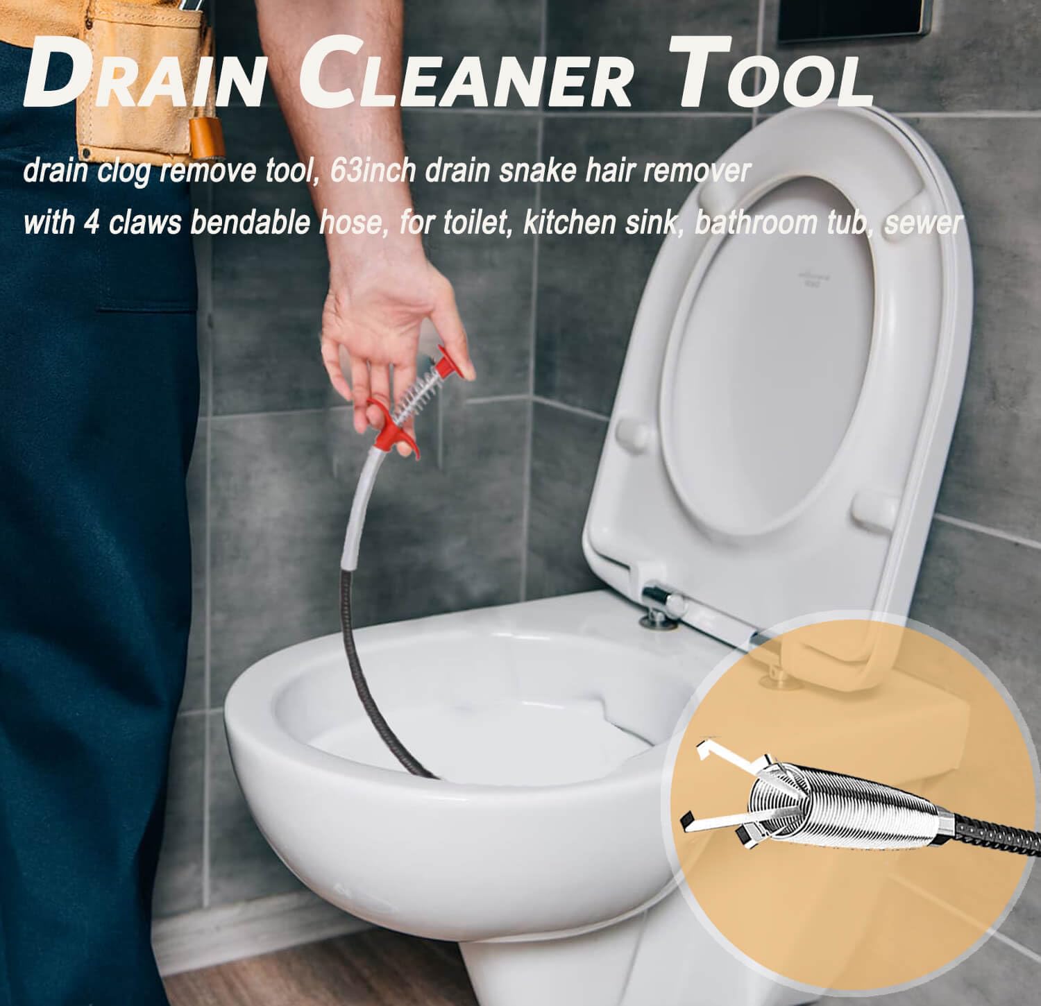 63 Inch Sink Drain Snake, Drain Clog Remove Tool With 4 Claws, Flexible Grabber Claw Pick Up Tool, Drain Snake Hair Drain Clog Remover Tool, Home Sink And Toilet Drain Cleaner Tool