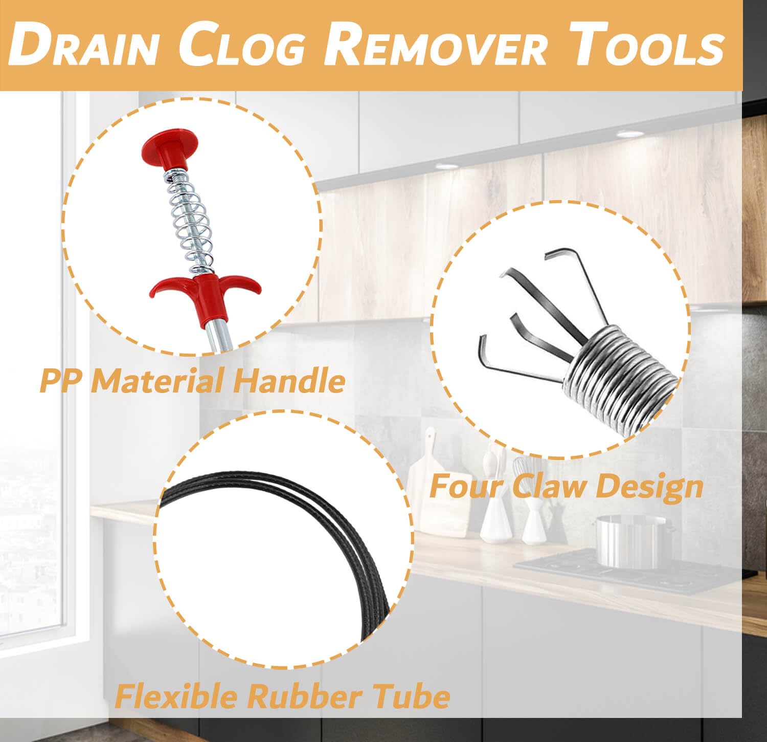 63 Inch Sink Drain Snake, Drain Clog Remove Tool With 4 Claws, Flexible Grabber Claw Pick Up Tool, Drain Snake Hair Drain Clog Remover Tool, Home Sink And Toilet Drain Cleaner Tool