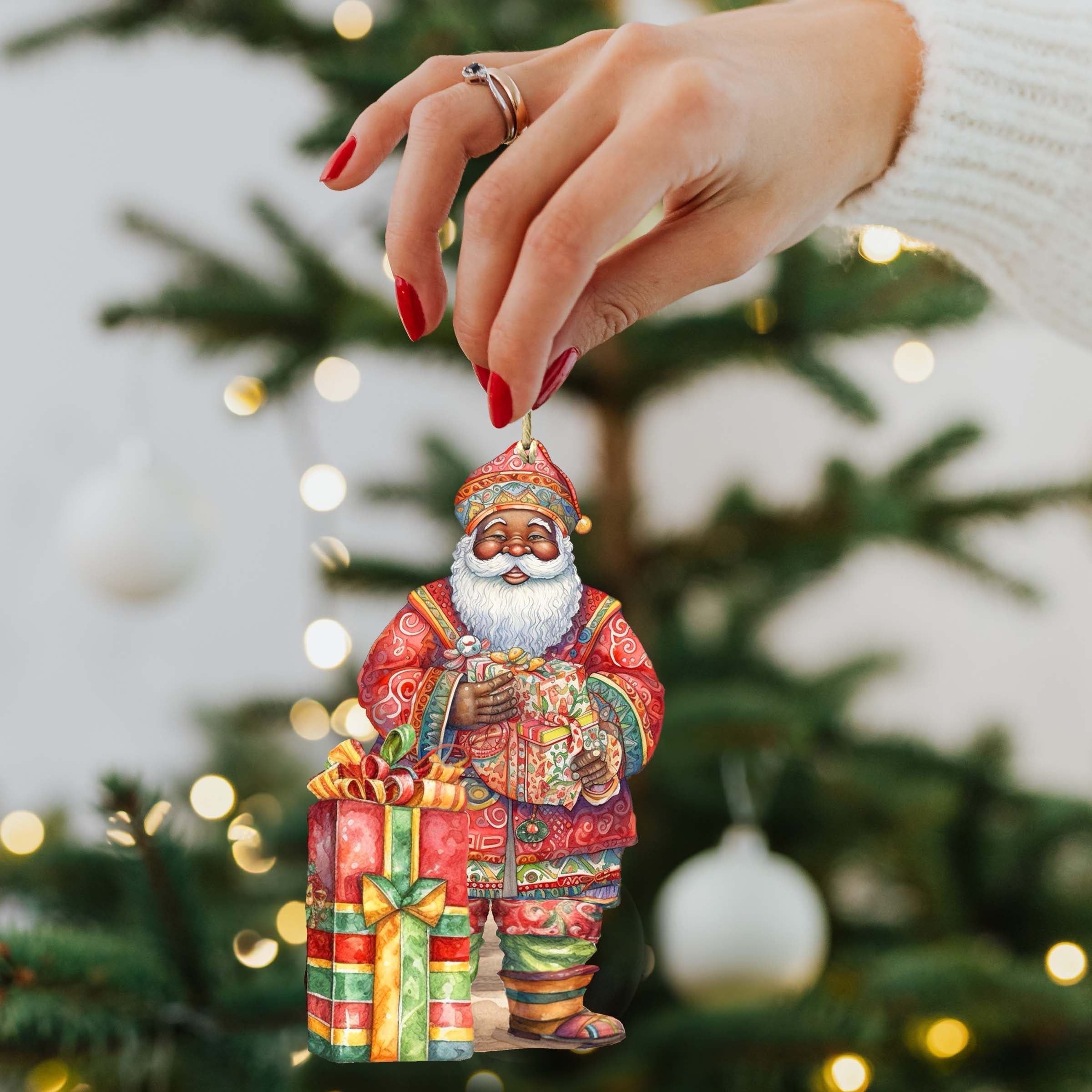 Santas Around the World - African-American Inspired Santa - Wooden Ornaments Set of 3 by G. DeBrekht Christmas Santa Snowman Decor - 8091310S3