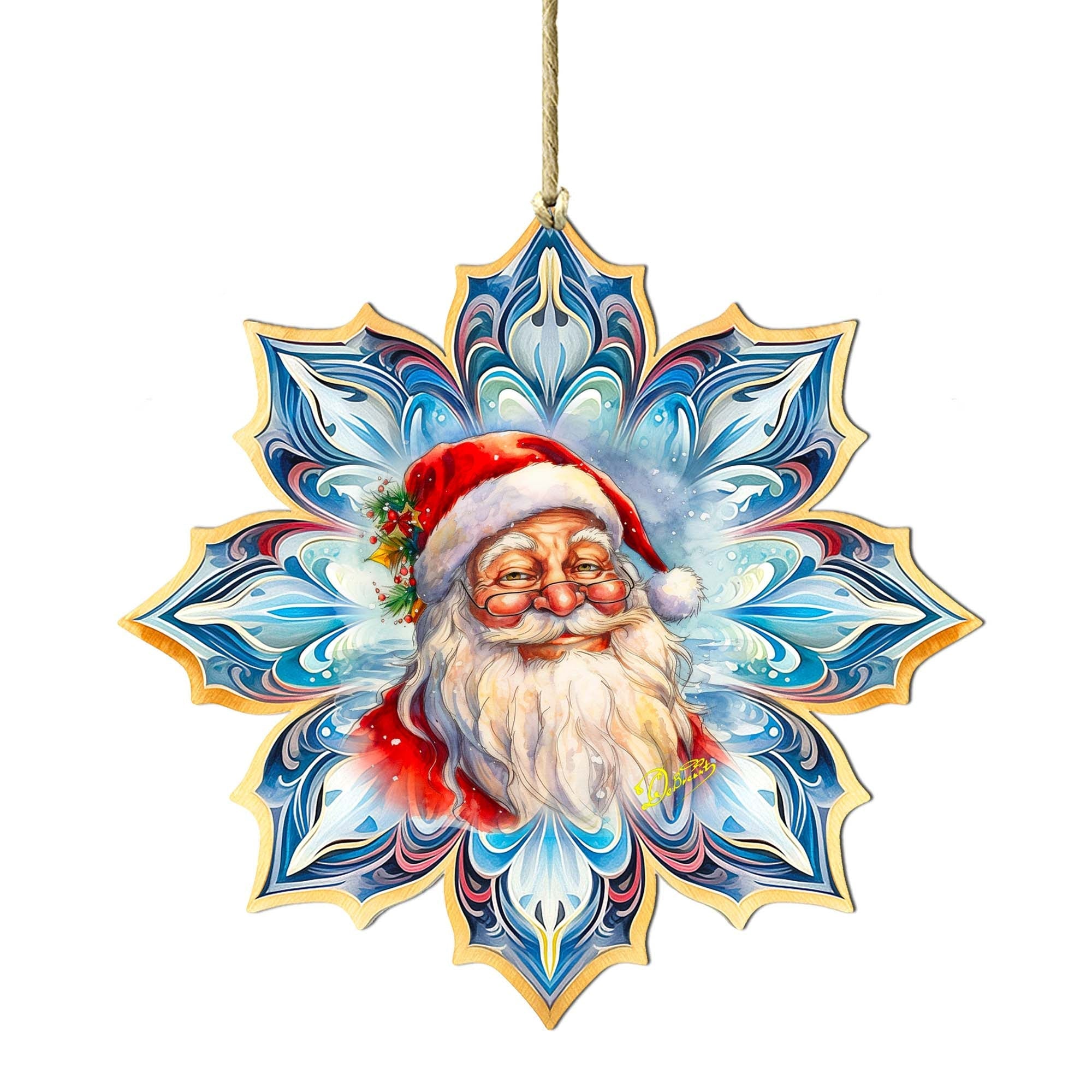 Santa Face Snowflake Wooden Ornaments by G. Debrekht - Christmas Santa Snowman Decor - 8688424
