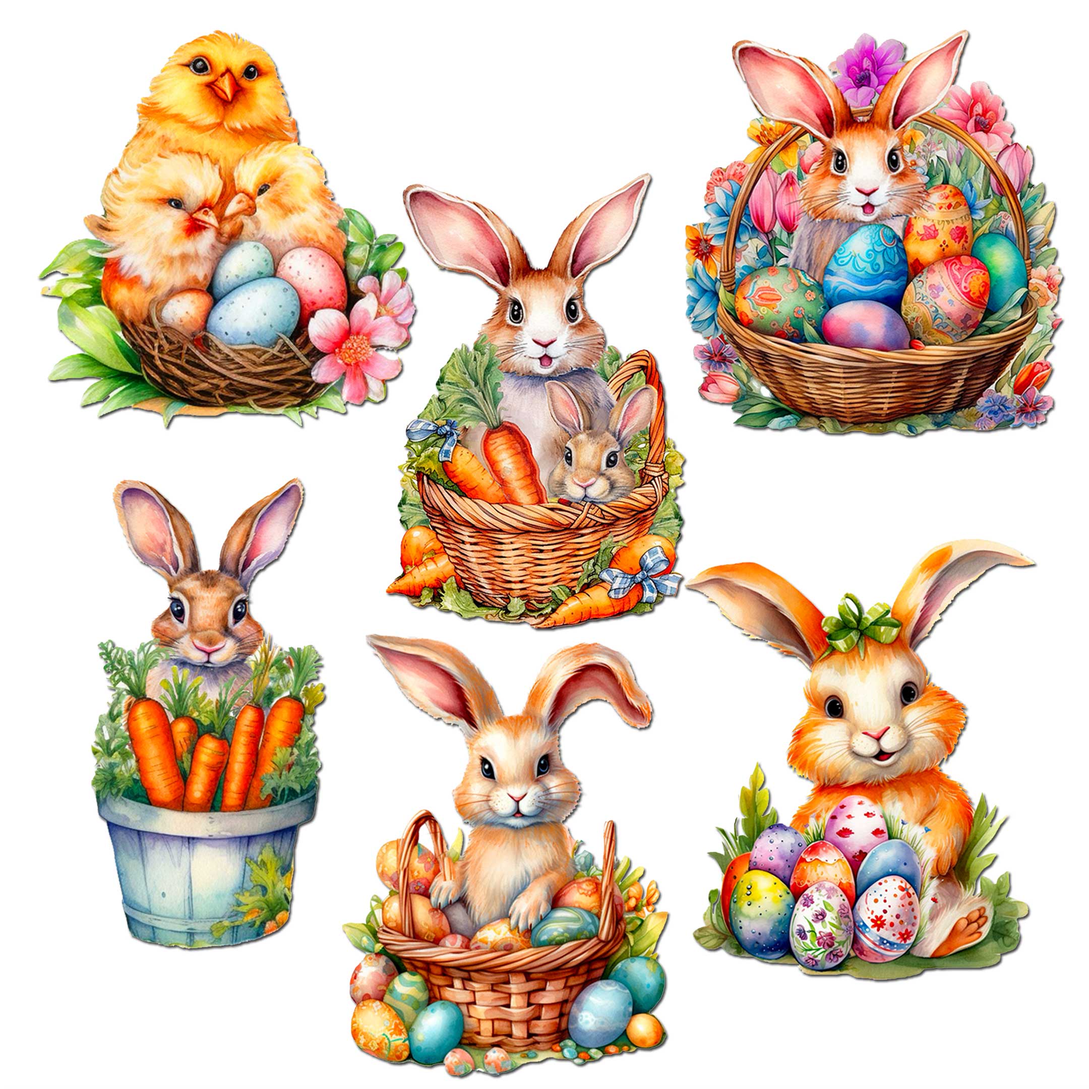Eggs and Bunnies Decorative Wooden Magnets Set of 6 by G. Debrekht - Easter Decor - 8090057G-S6