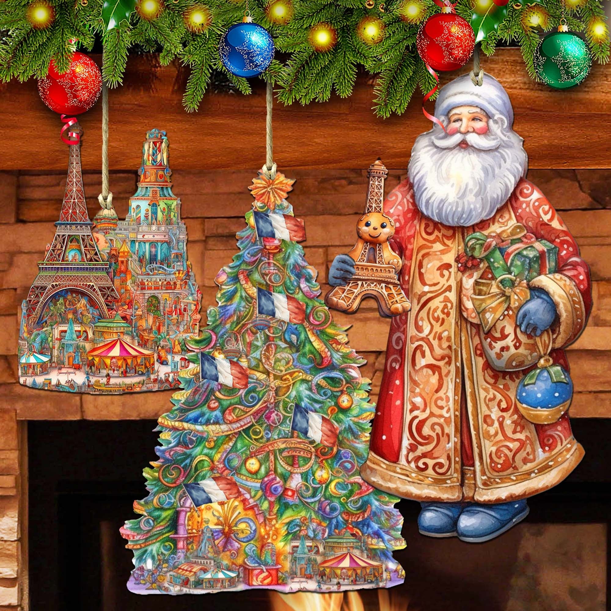 Santas Around the World - French Inspired Santa - Wooden Ornaments Set of 3 by G. DeBrekht Christmas Santa Snowman Decor - 8091303S3