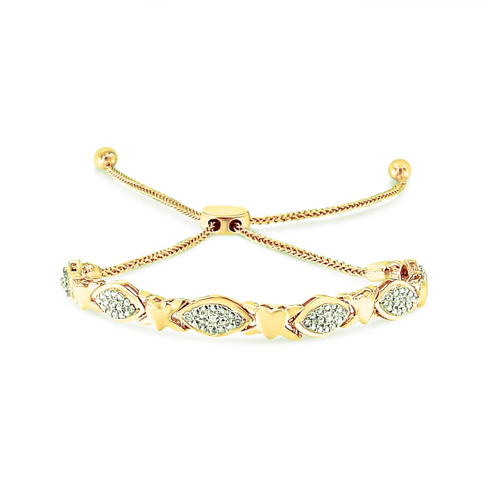 14K Yellow Gold Plated .925 Sterling Silver Diamond Accent Alternating Marquise Shape And Heart Links Bolo Bracelet (I-J Color, I3 Clarity) - Adjustable 6" To 9"