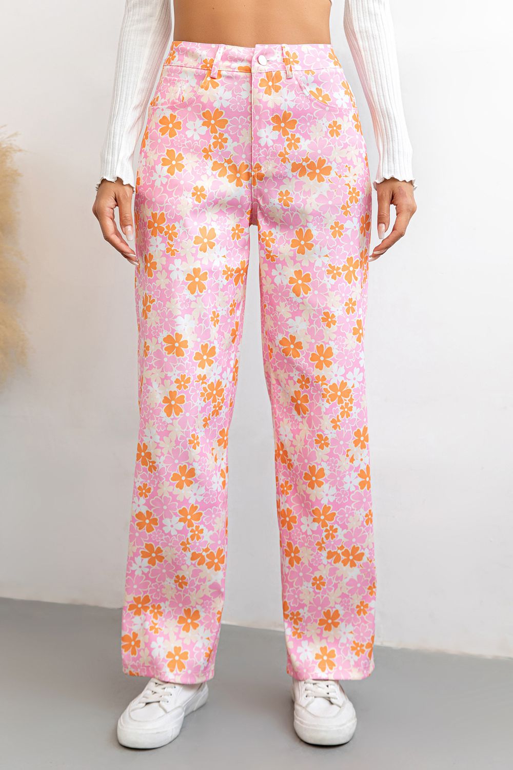 Buttoned High Waist Long Pants