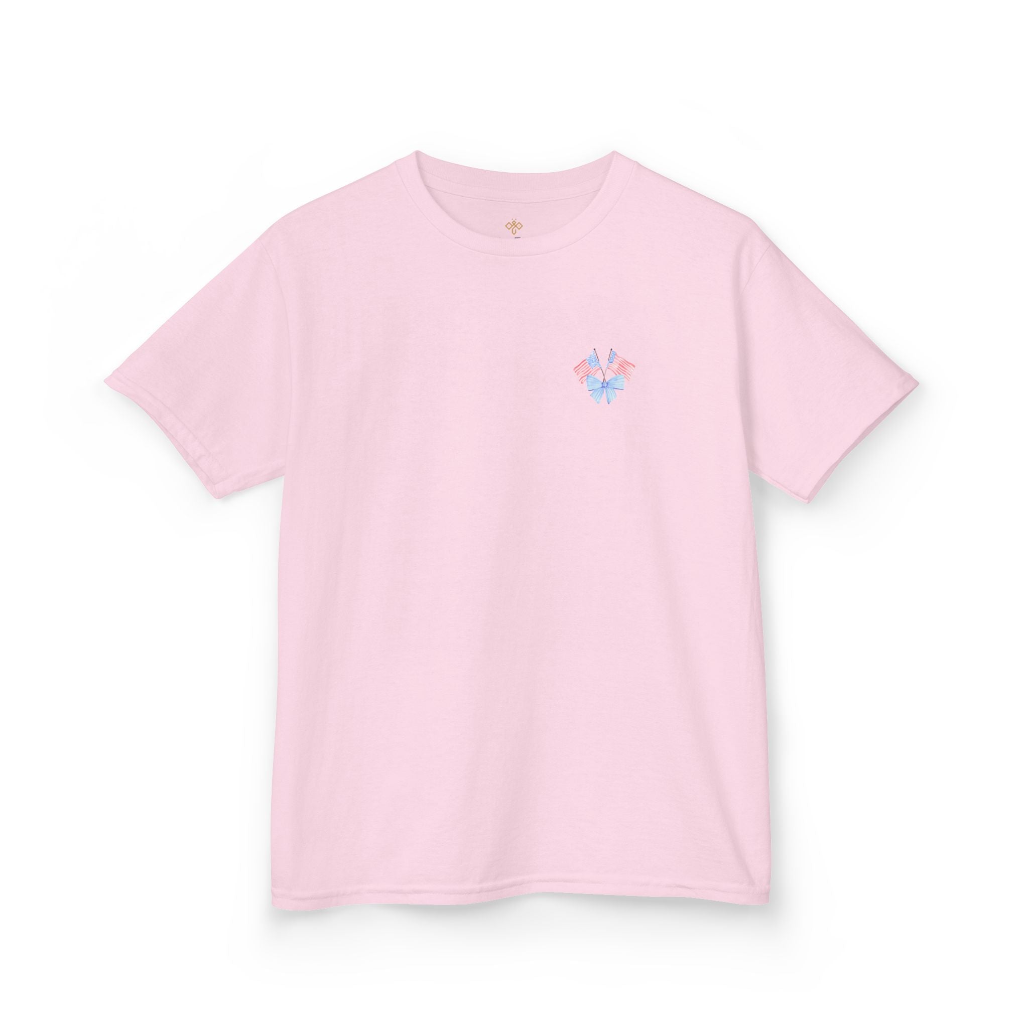 Bee Patriotic American Flag with Bow Girls Short Sleeve Youth Heavy Cotton Gildan Hive Tee