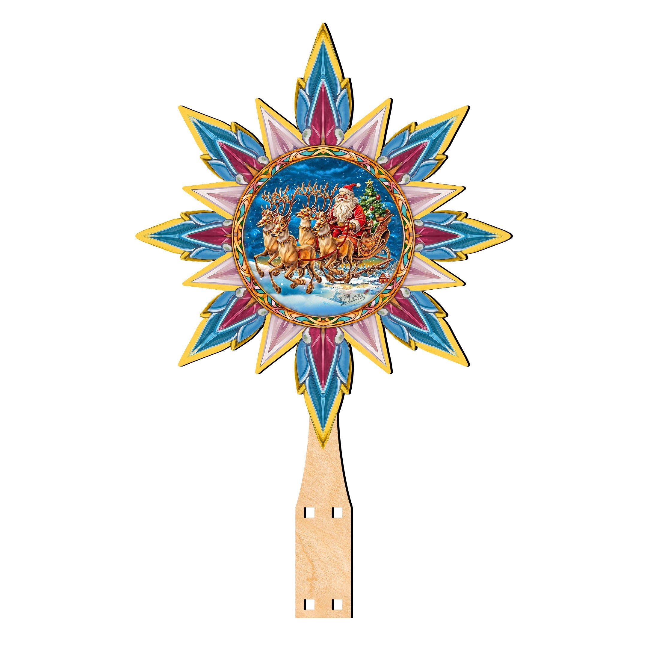 Santa on the Sleigh Star Tree Topper Wooden Decor by G. Debrekht - Santa Snowman Decor - 89516