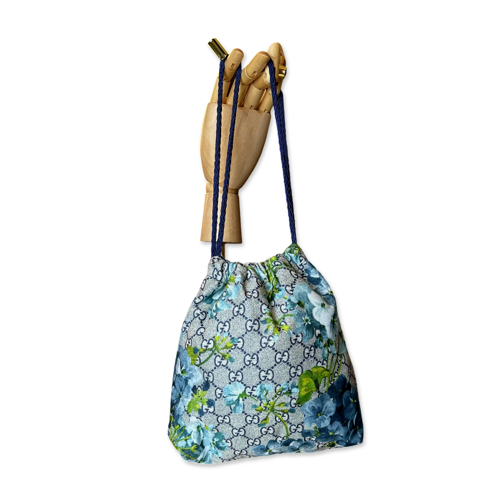 GG Logo Blooms Blue Vintage Scarf Drawstring Crossbody Bag