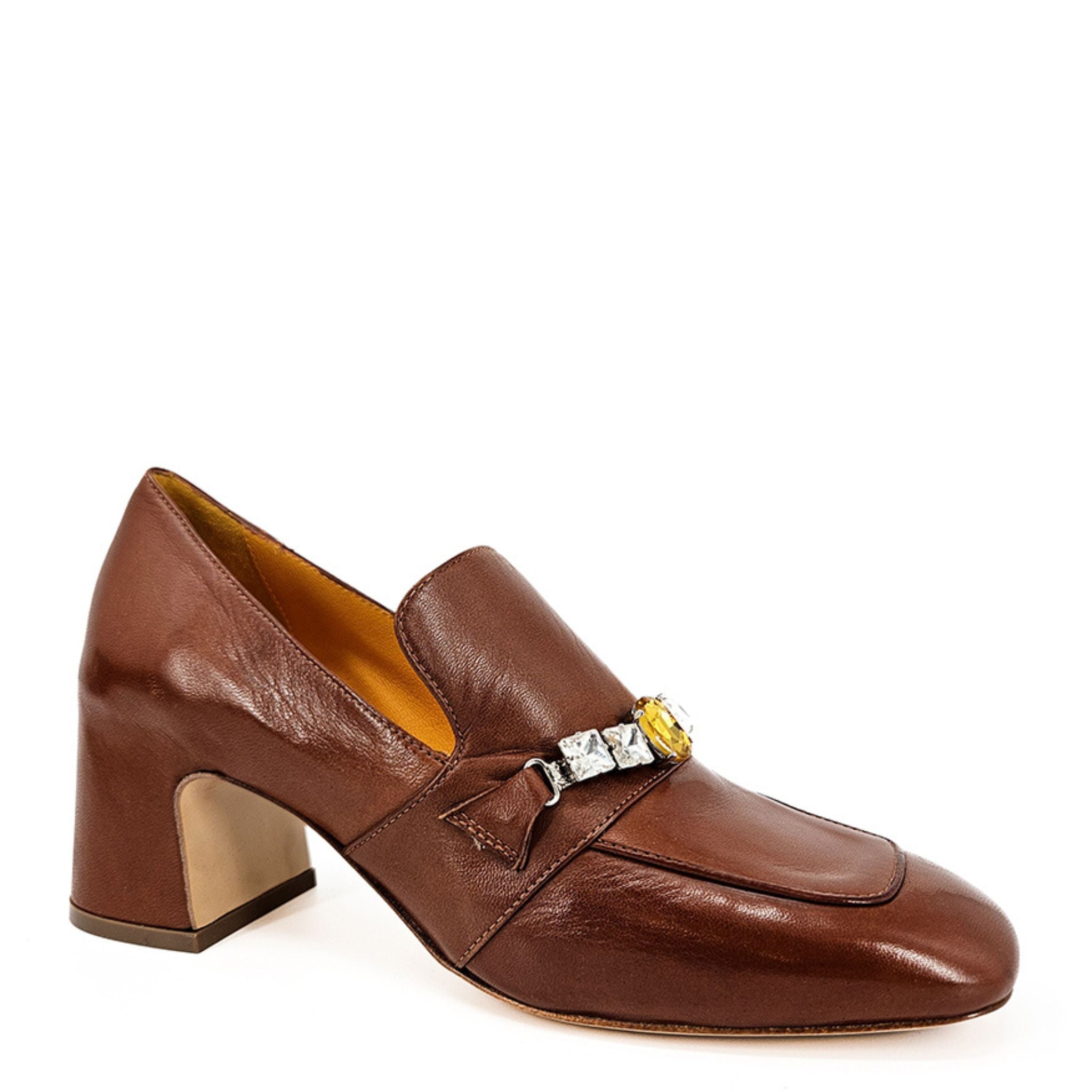 Cognac Leather Mid Heel Jeweled Loafer